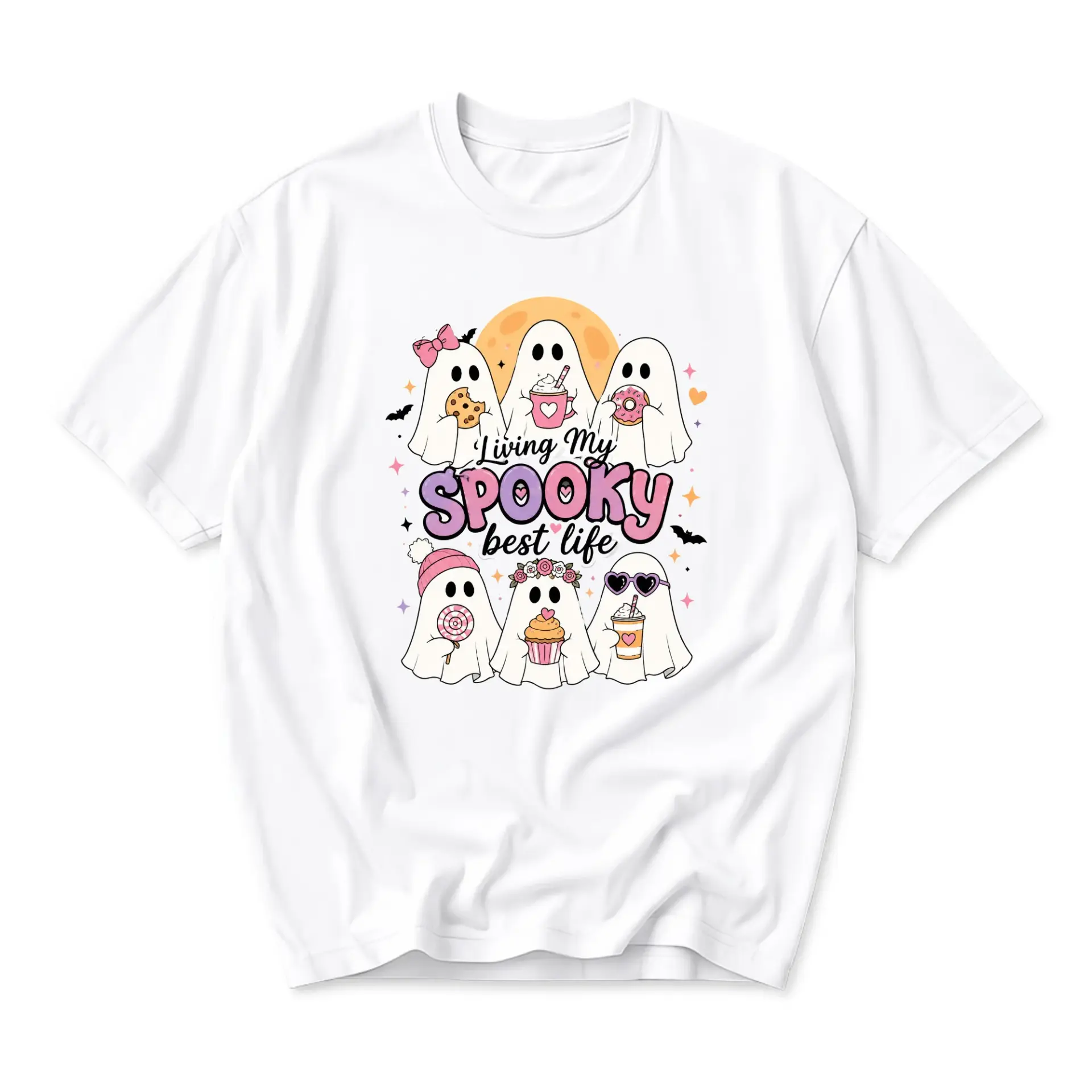 Graphic Tee Living My Spooky Best Life Funny Ghost Shirt Casual Cotton Crew Neck Unisex Summer Short Sleeve Apparel