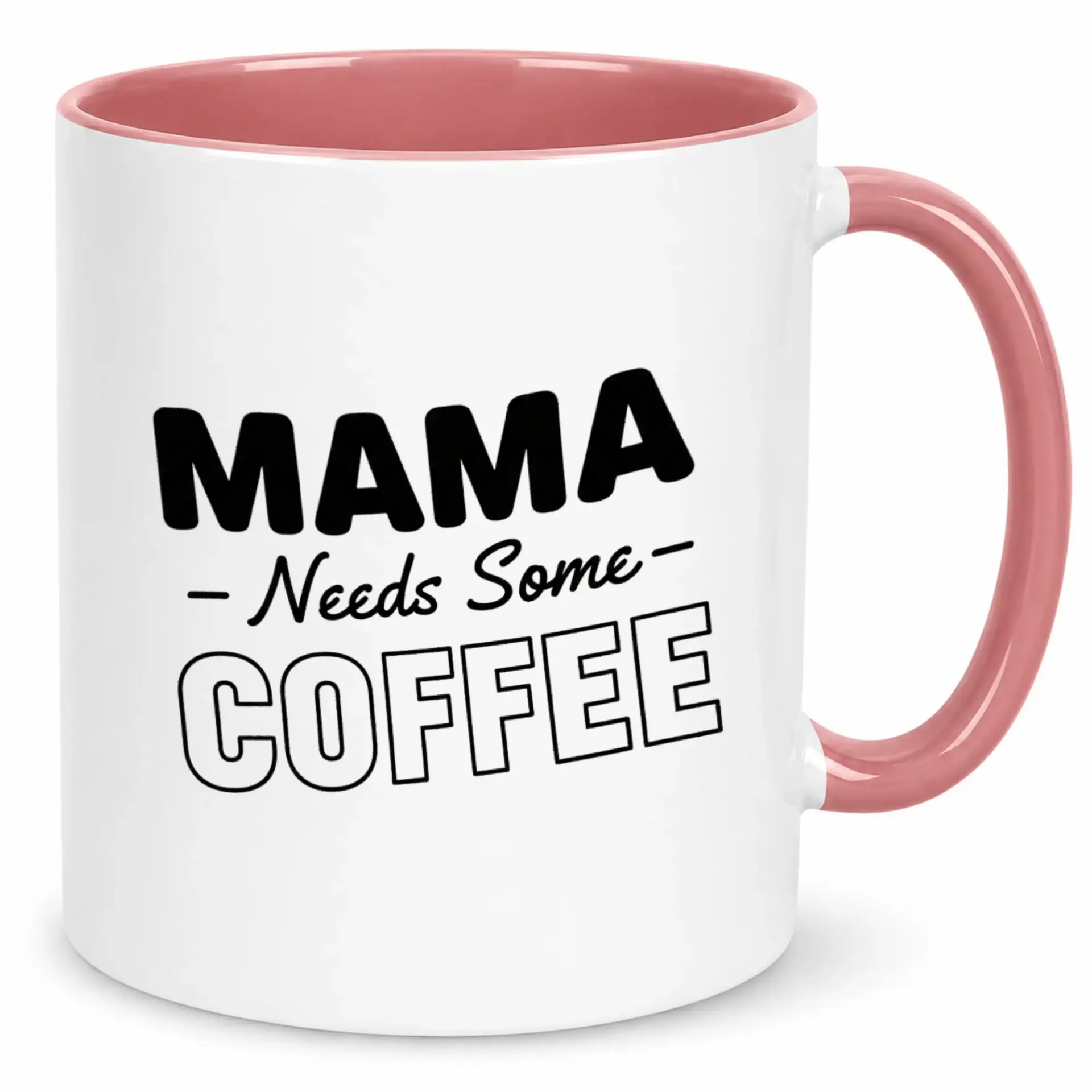 Funny Mama Needs Some Coffee Ceramic Mug, Novelty Mother's Day Birthday Gift for Mom, Cute White and Pink Accent Coffee Cup