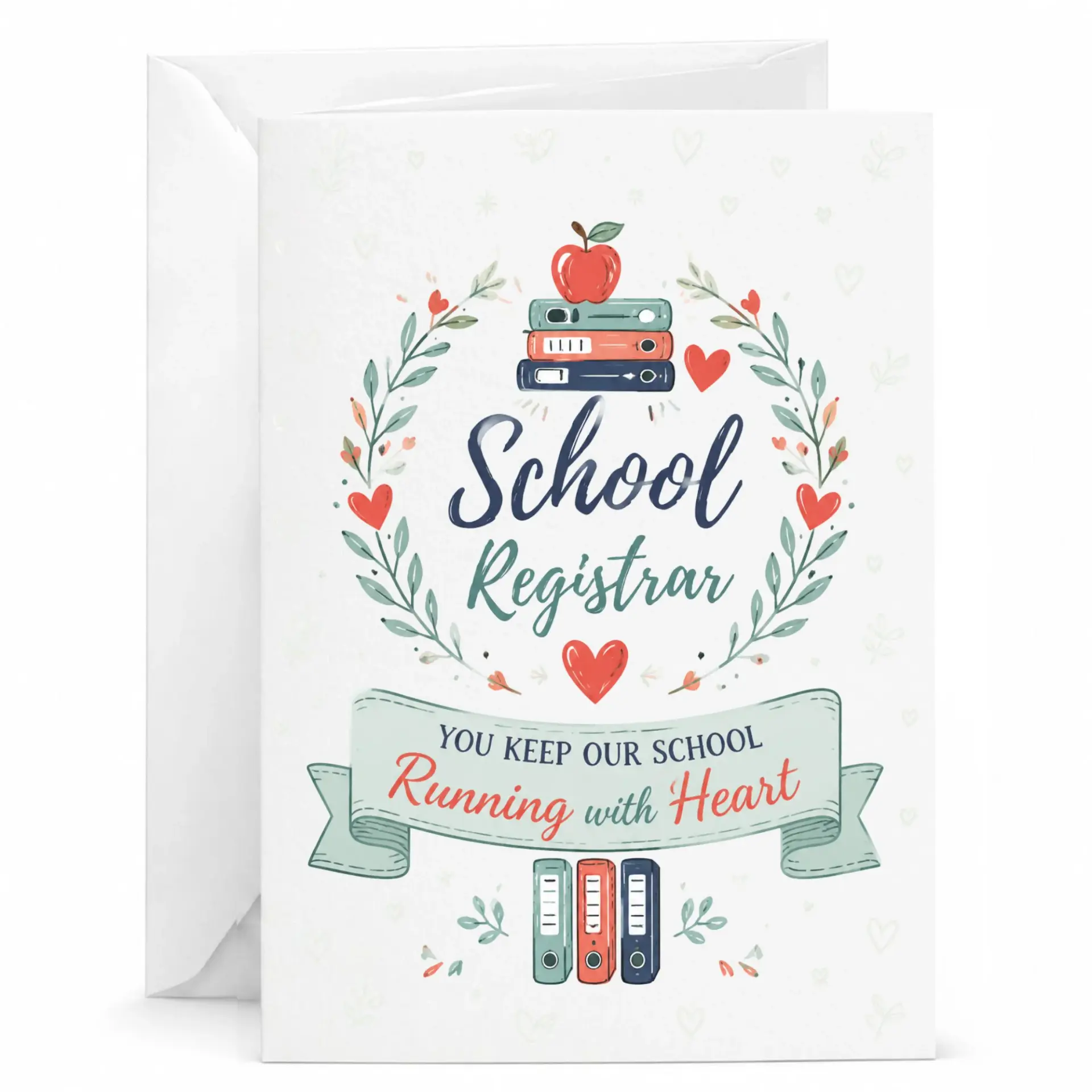 Card for School Registrar Featuring Book and Heart Illustration Professional Appreciation Greeting