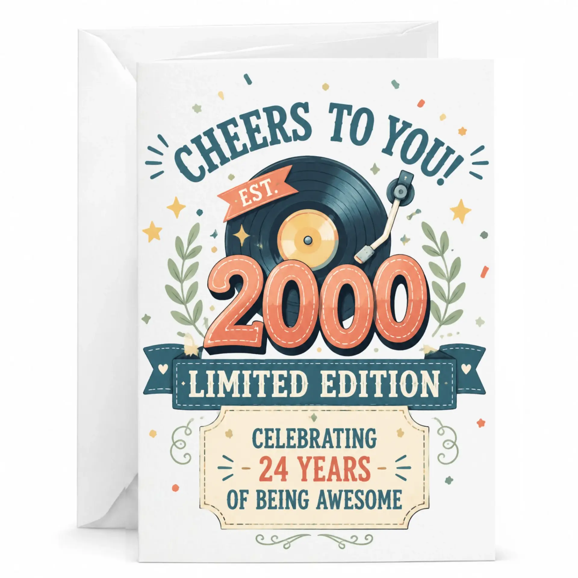 Greeting Card 24th Birthday Card Vintage Vinyl Record Theme Limited Edition 2000 Celebrating 24 Years of Being Awesome