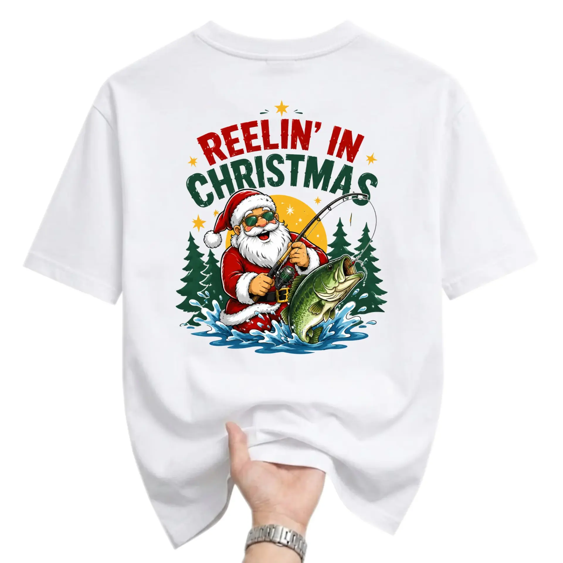 Funny Shirt Reelin in Christmas Graphic Tee Unisex Crew Neck Short Sleeve