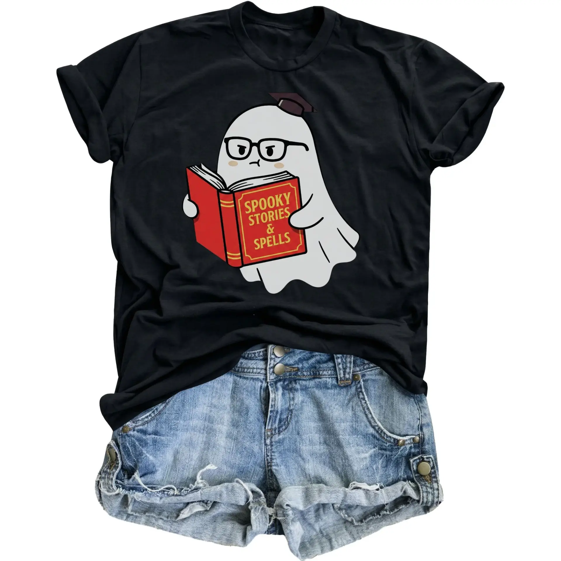 Funny Ghost Graphic Tee Scholarly Reading Spooky Stories and Spells Print Unisex Casual Short Sleeve Cotton Shirt