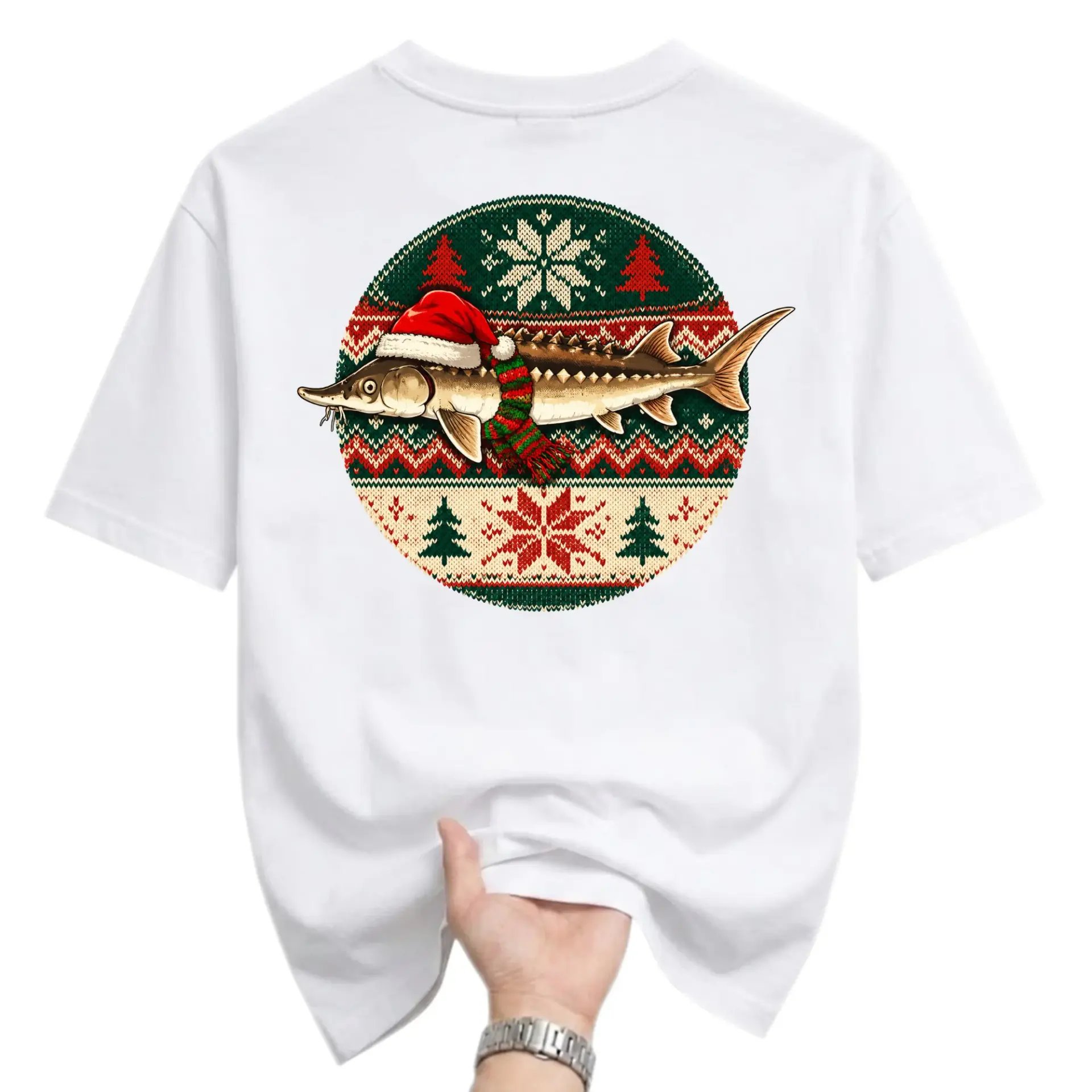 Graphic Tee Unisex Christmas Sturgeon Fish Wearing Santa Hat and Scarf Holiday Season Short Sleeve Crew Neck Shirt