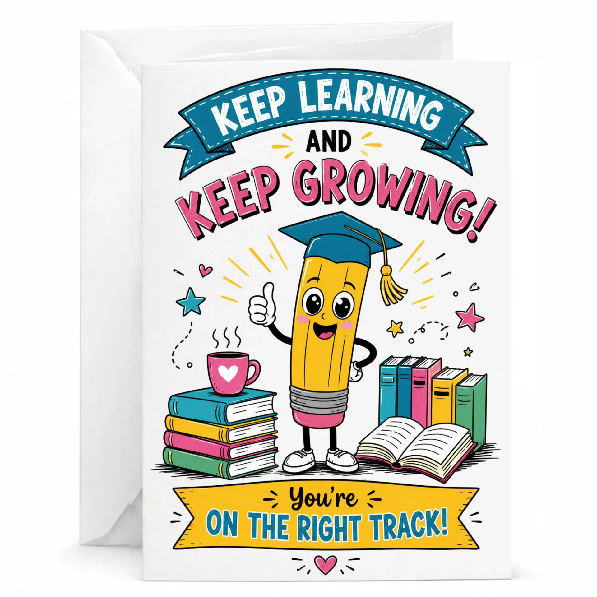 Inspirational Greeting Card Featuring Cartoon Pencil Character Encouraging Positive Growth and Personal Achievement