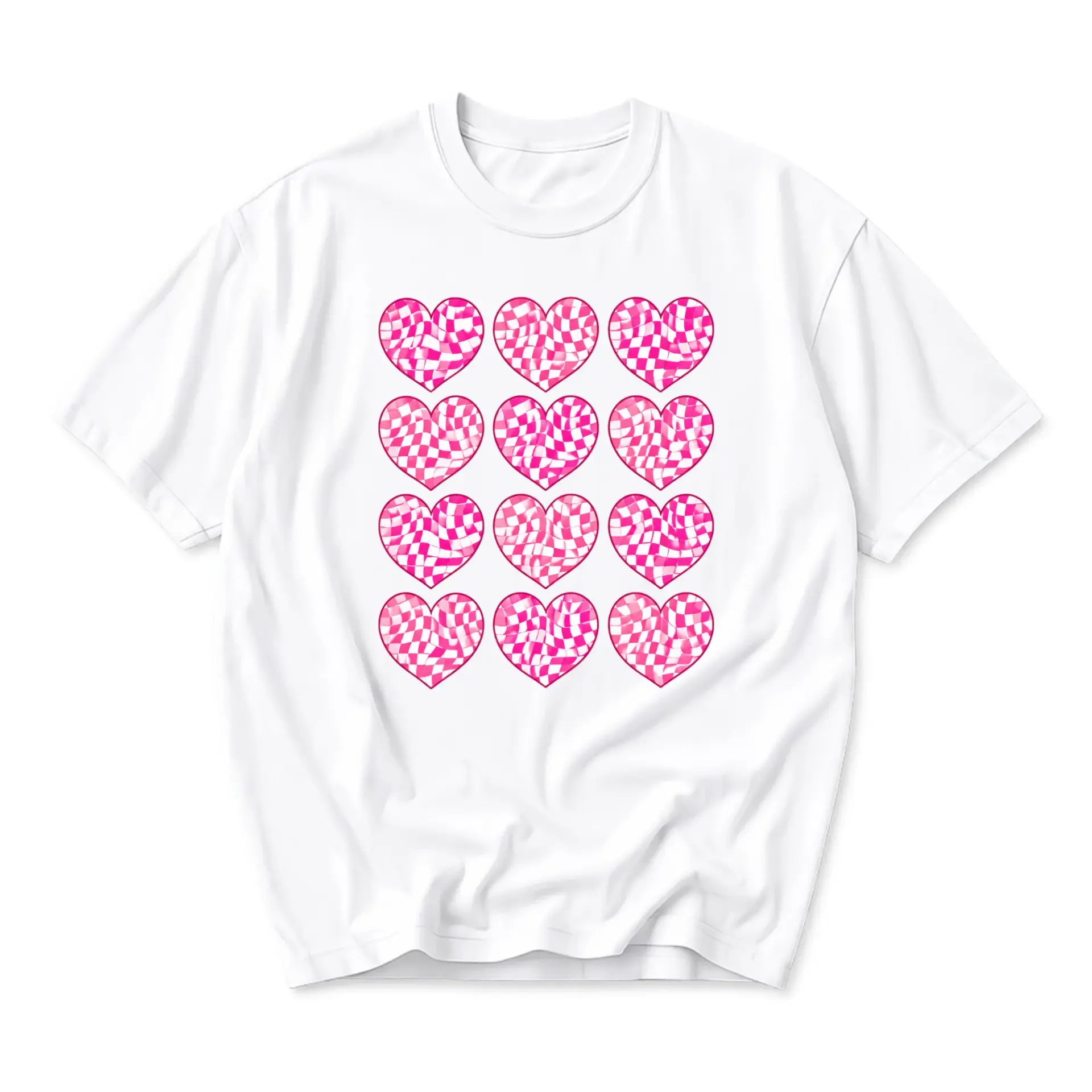 Graphic Tee Unisex Heart Pattern T-Shirt with Trendy Checkerboard Print Modern Fashion Casual Wear for Everyday Style