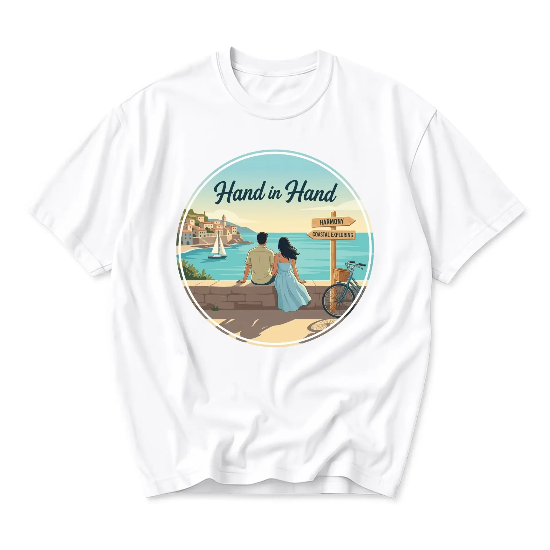 Graphic Tee Hand in Hand Coastal Travel Unisex Short Sleeve Shirt for Everyday Casual Wear and Vacation Style