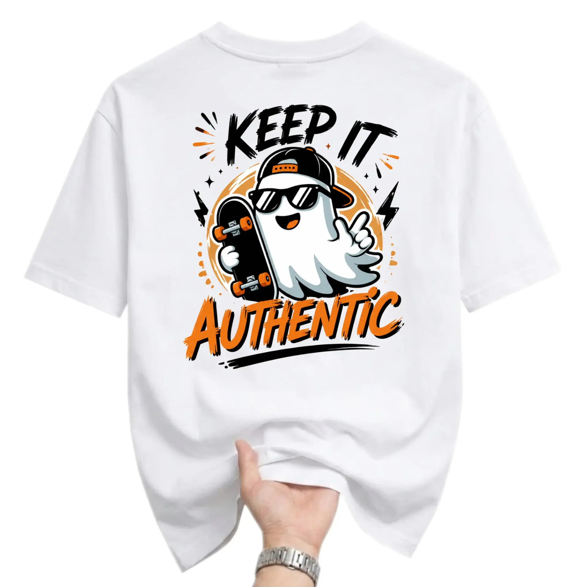 Graphic Tee Keep It Authentic Skater Ghost Design Unisex Crew Neck Soft Cotton Blend Casual Everyday Short Sleeve