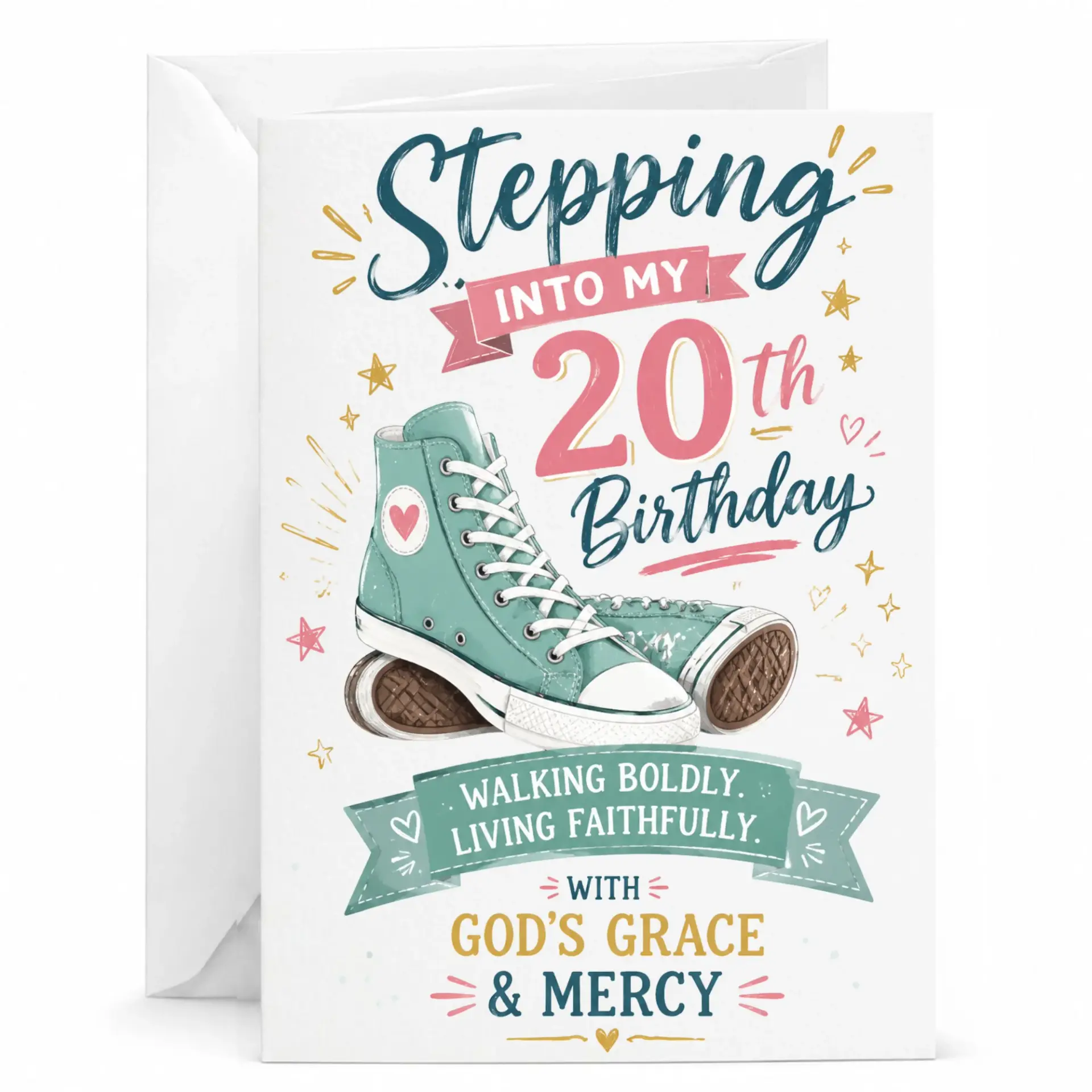 Birthday Card for 20th Birthday with Teal Sneakers Design and Religious Sentiment for Celebrating Turning Twenty