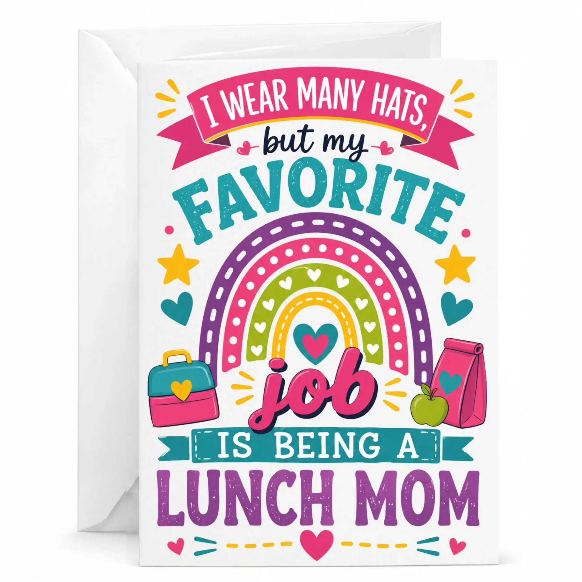 Funny Lunch Mom Greeting Card Appreciation Note for Cafeteria Staff Colorful Rainbow Design 5x7 Folded Stationery