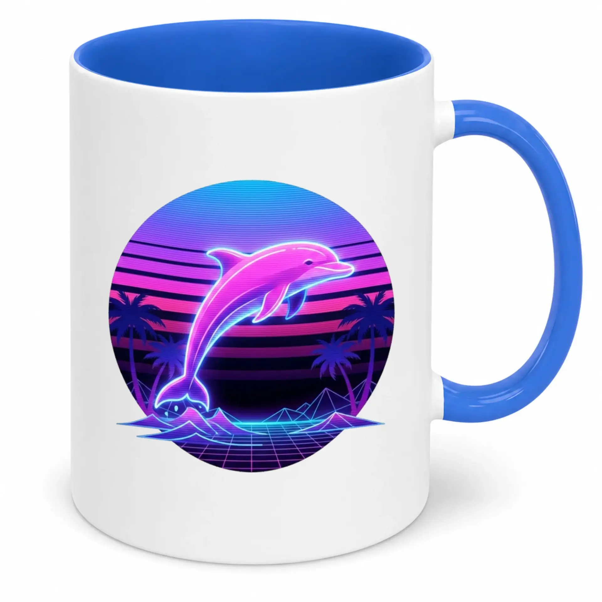 Retro Synthwave Dolphin Coffee Mug, Vibrant Neon Marine Animal Ceramic Cup for Hot and Cold Beverages, 11oz or 15oz
