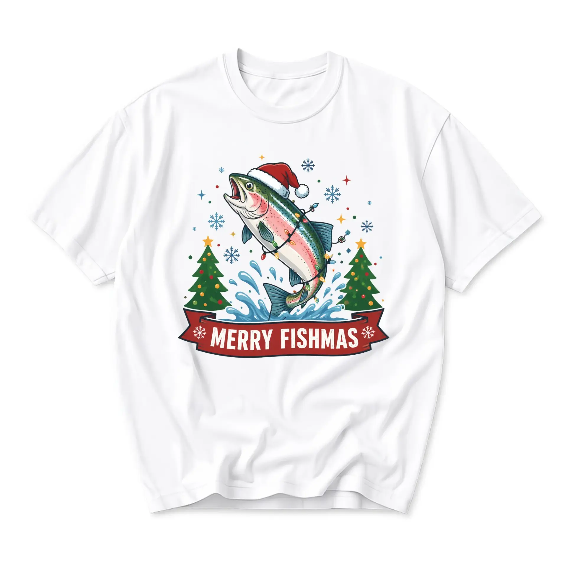 Funny Shirt Merry Fishmas Holiday Graphic Tee Featuring a Festive Jumping Fish in a Santa Hat for Casual Wear