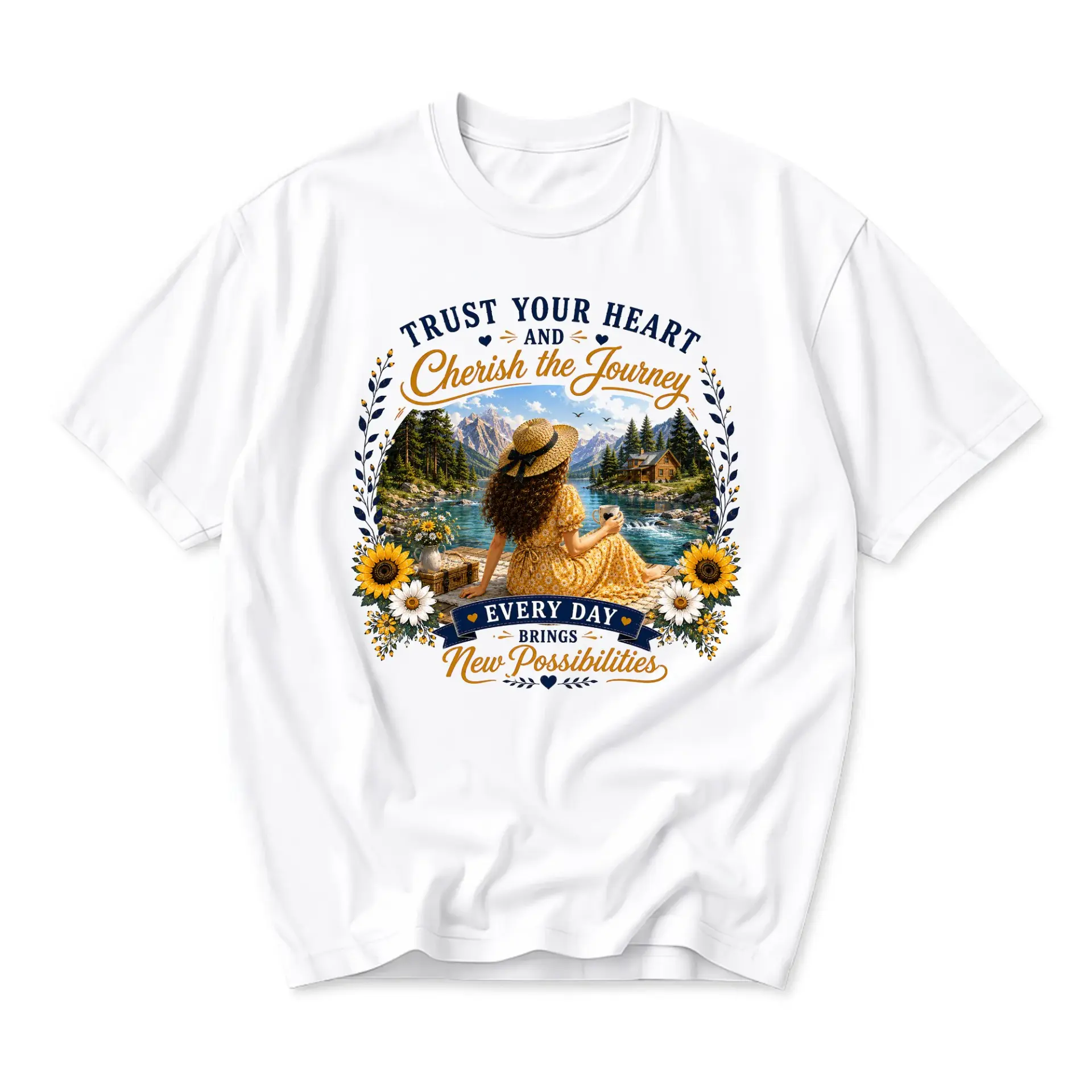 Graphic Tee Trust Your Heart and Cherish the Journey Inspirational Nature Quote Sunflower Illustration Unisex T-Shirt