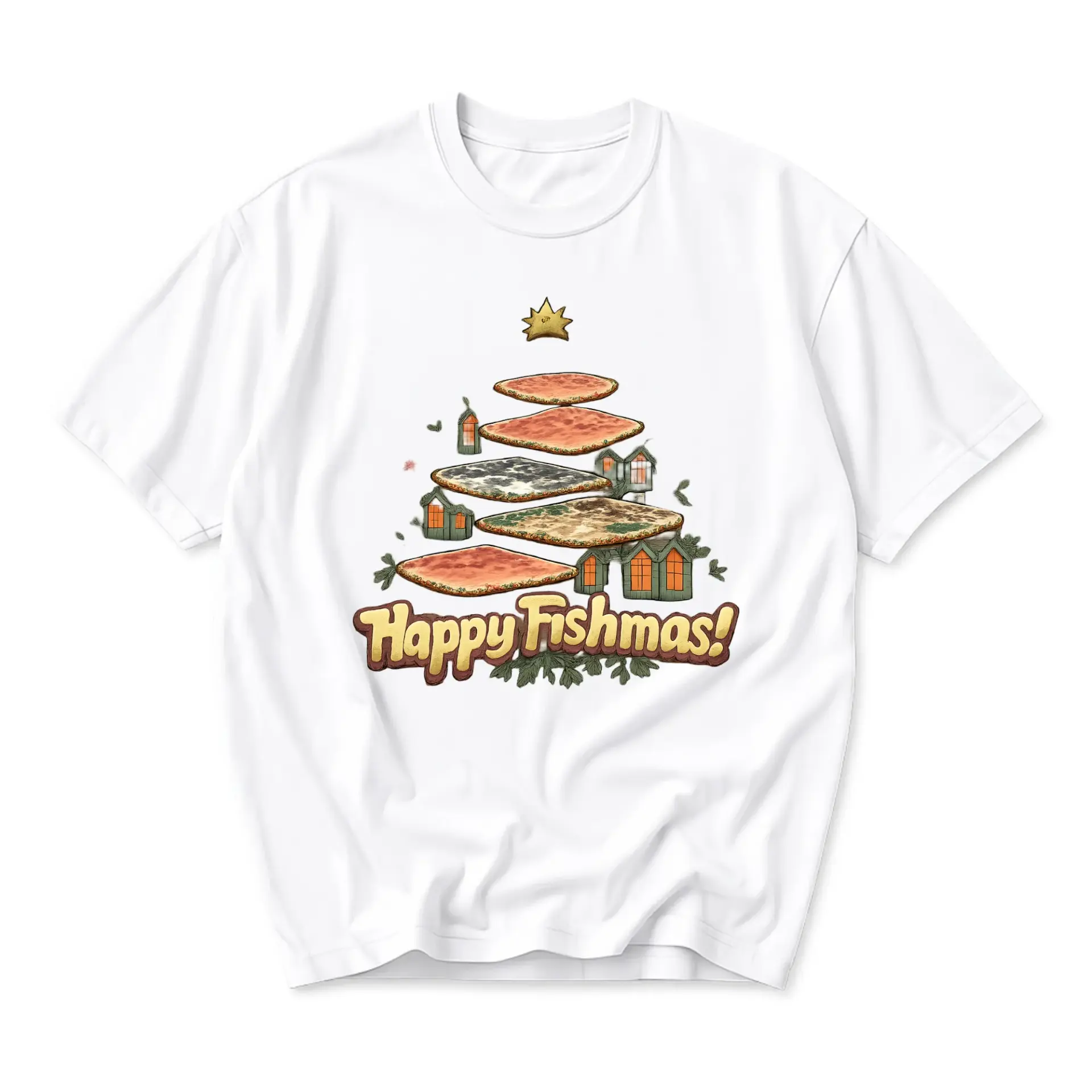 Funny Shirt Happy Fishmas Graphic Tee Casual Unisex Crew Neck Holiday Themed Short Sleeve Apparel for Everyday Wear