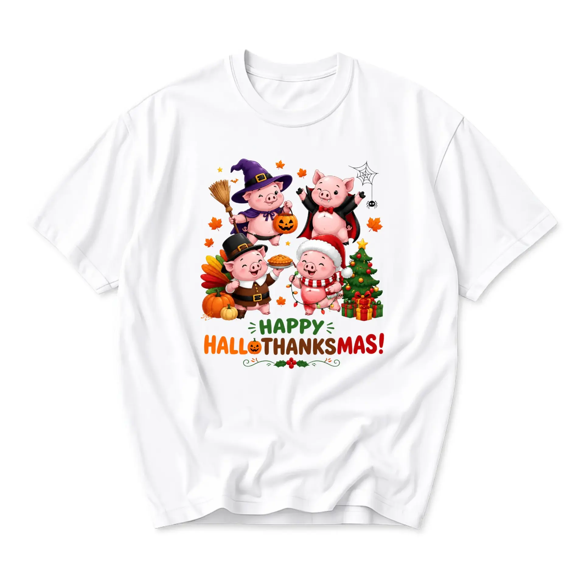 Graphic Tee Happy Hallthanksmas Pig Shirt Cute Holiday Themed Unisex Casual Everyday Crew Neck Cotton Apparel