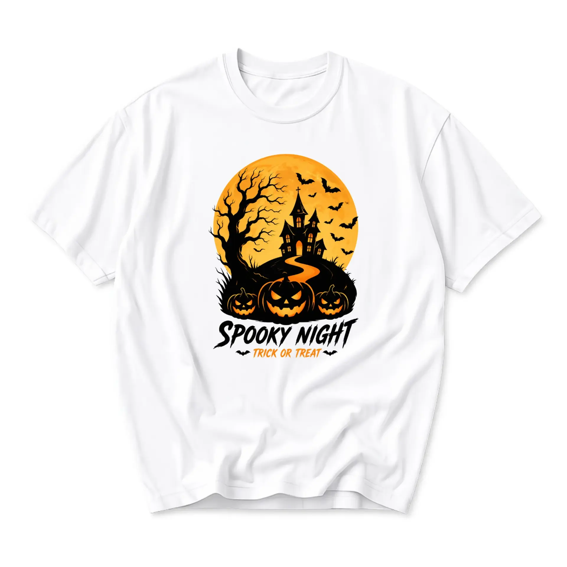 Graphic Tee Spooky Night Trick or Treat Haunted House Design Unisex Crew Neck Short Sleeve Cotton Blend Casual Shirt