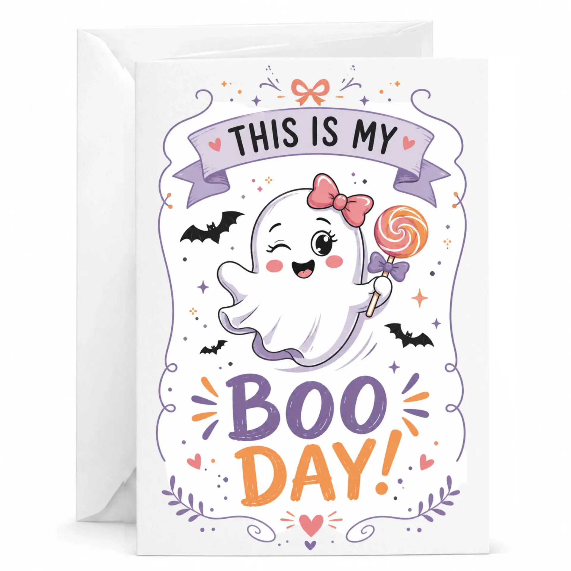 Funny Boo Day Greeting Card with Holding Lollipop Illustration for Birthdays and