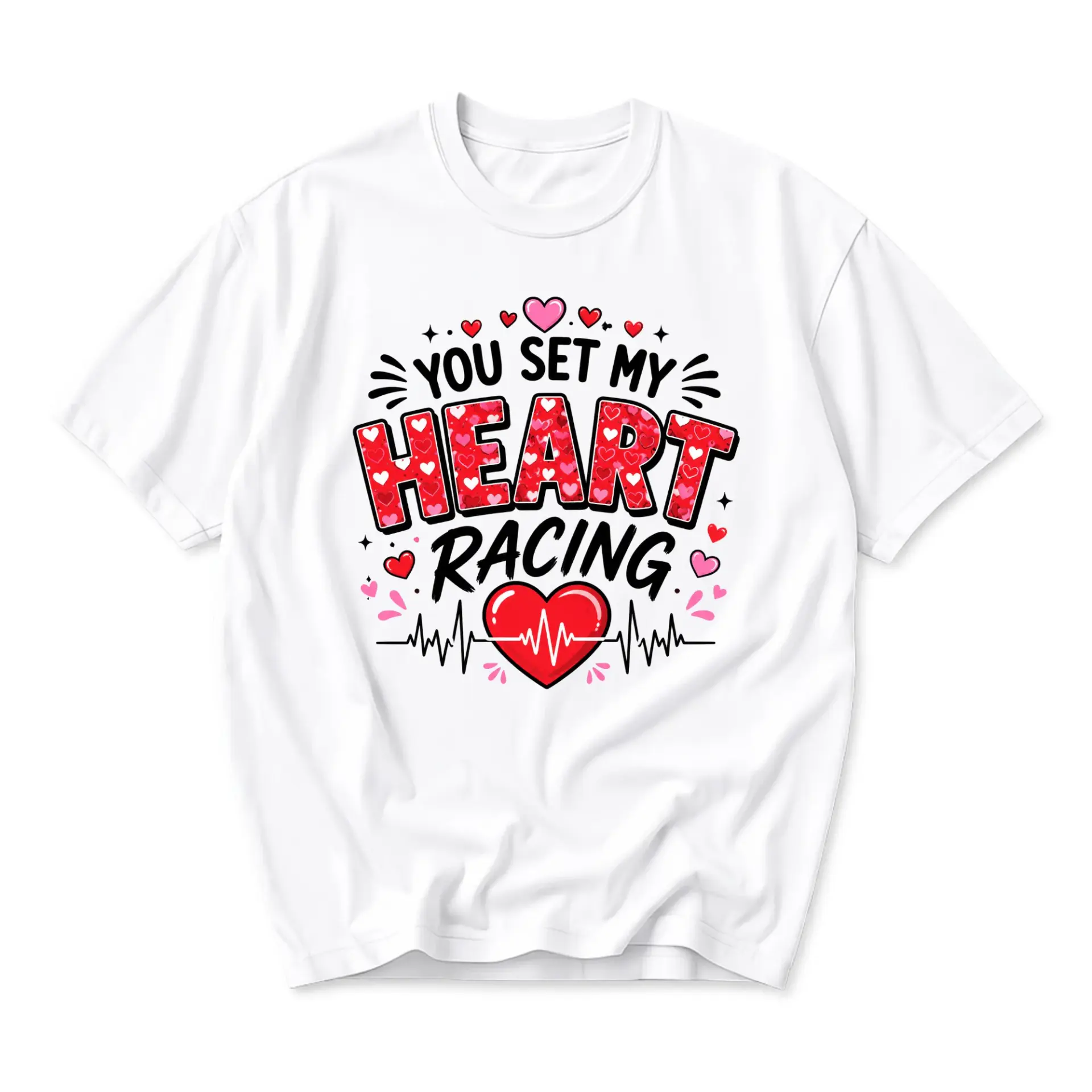 Graphic Tee You Set My Heart Racing Casual Unisex Crew Neck T-Shirt for Everyday Wear and Romantic Expression