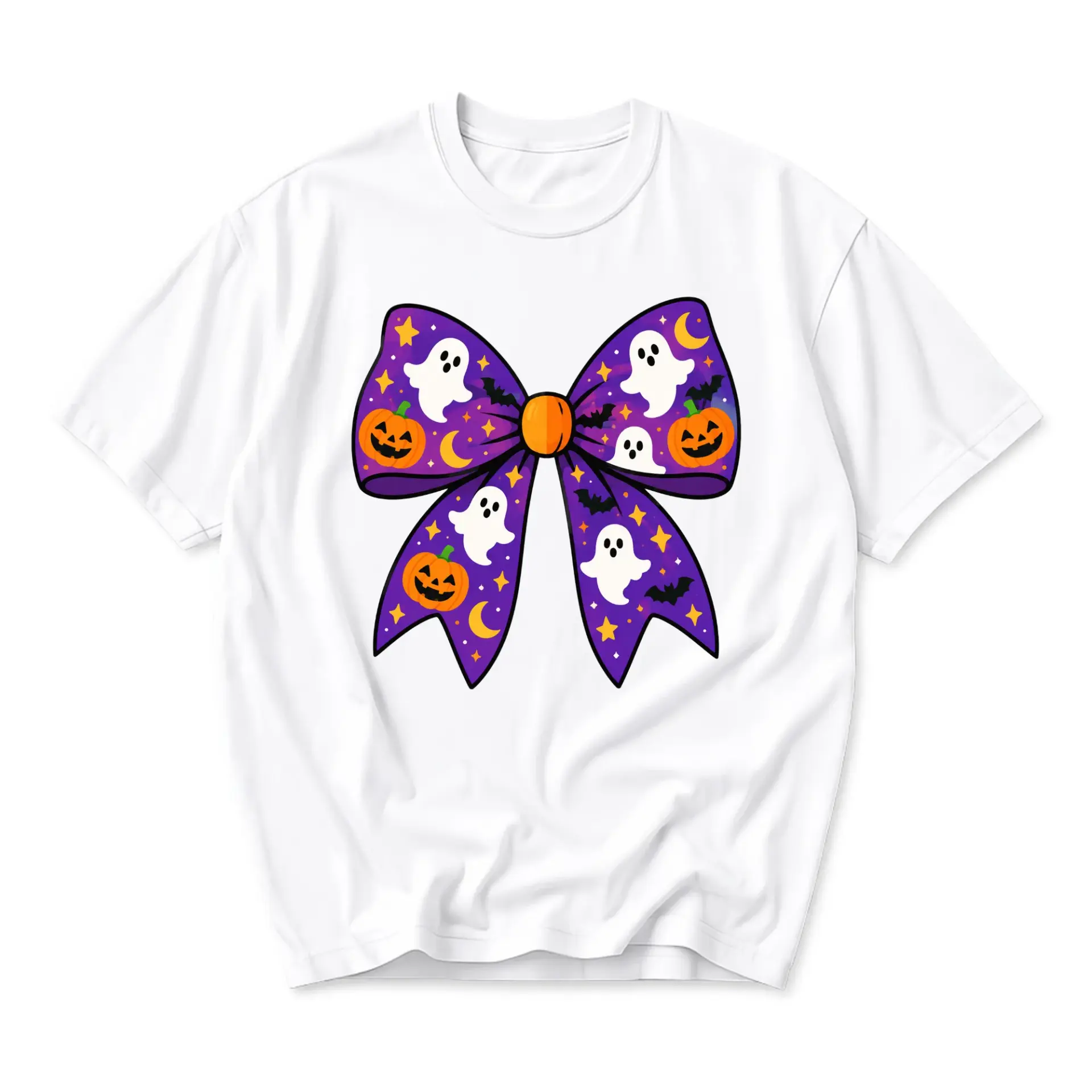 Graphic Tee Halloween Bow Print Unisex T-Shirt Seasonal Spooky Fall Casual Short Sleeve Crew Neck Cotton Blend Shirt