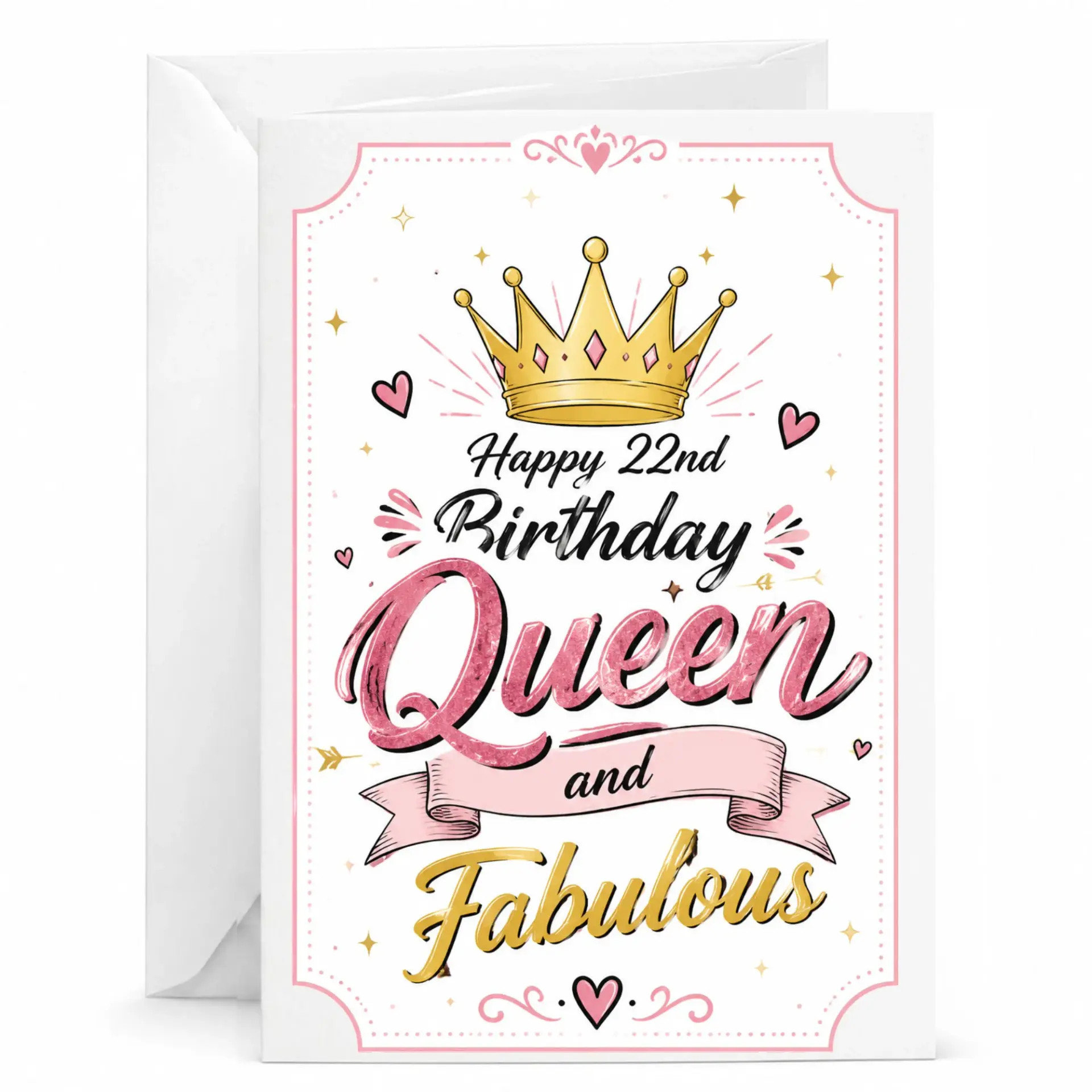 Birthday Card 22nd Birthday Queen and Fabulous Elegant Gold and Pink Crown Design Greeting Card for Her
