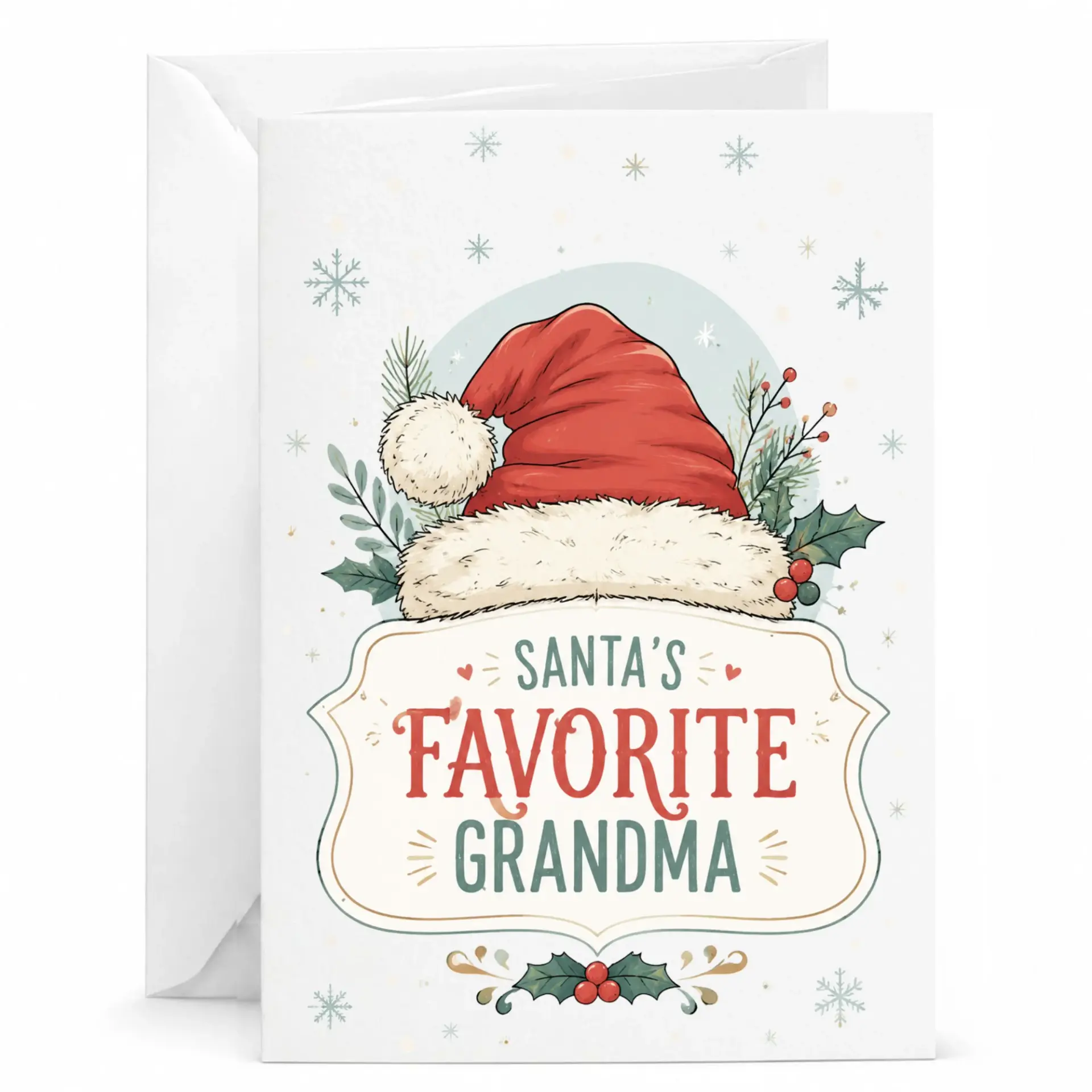 Holiday Greeting Card Santa's Favorite Grandma Festive Illustration with Seasonal Winter Accents 5x7 Folded Note