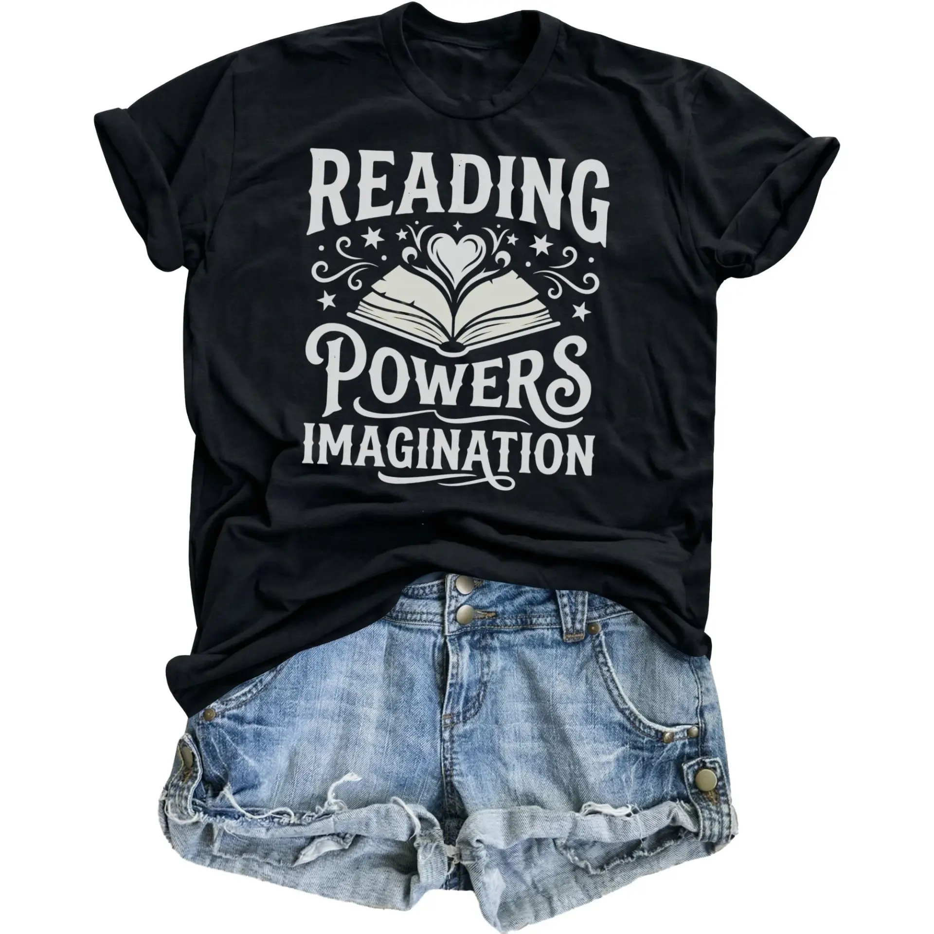 Graphic Tee Reading Powers Imagination Book Lover Shirt Unisex Crew Neck Apparel for Casual Everyday Style and Comfort