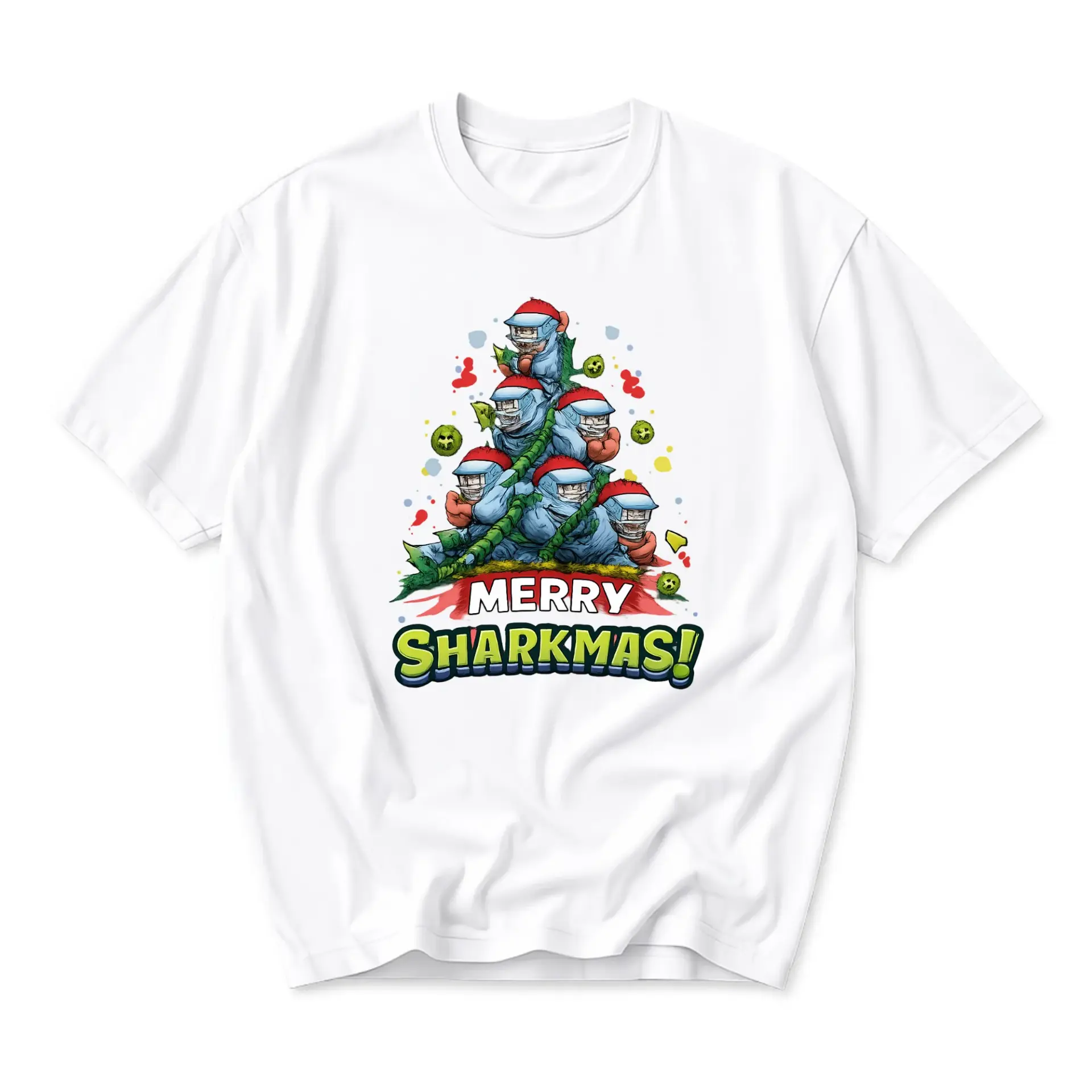 Funny Shirt Merry Sharkmas Holiday Graphic Tee Unisex Crew Neck Short Sleeve Casual Cotton Apparel for