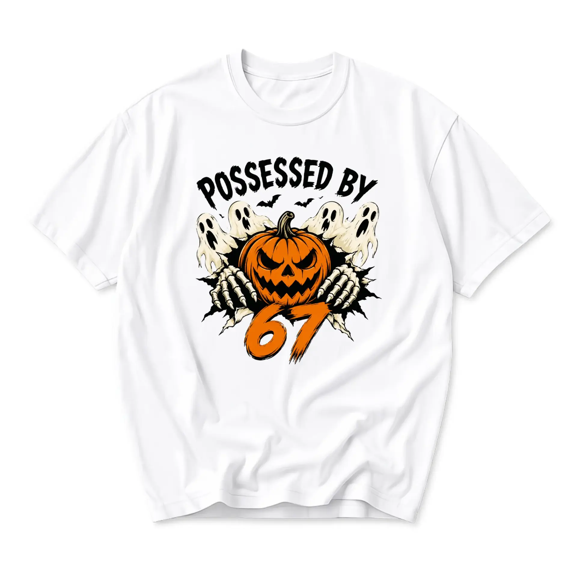 Graphic Tee Possessed by 67 Pumpkin Ghost Print Unisex Crew Neck Casual Everyday Short Sleeve Cotton Blend Shirt
