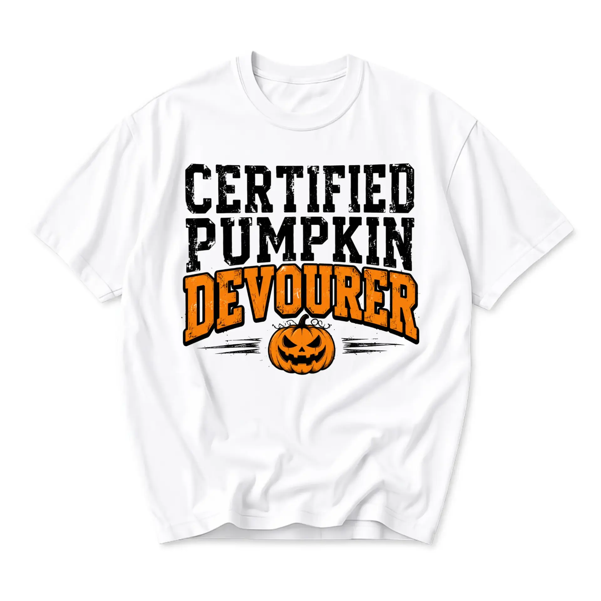 Funny Shirt Certified Pumpkin Devourer Graphic Tee for Autumn Holiday Season Casual Unisex Crew Neck Cotton Top