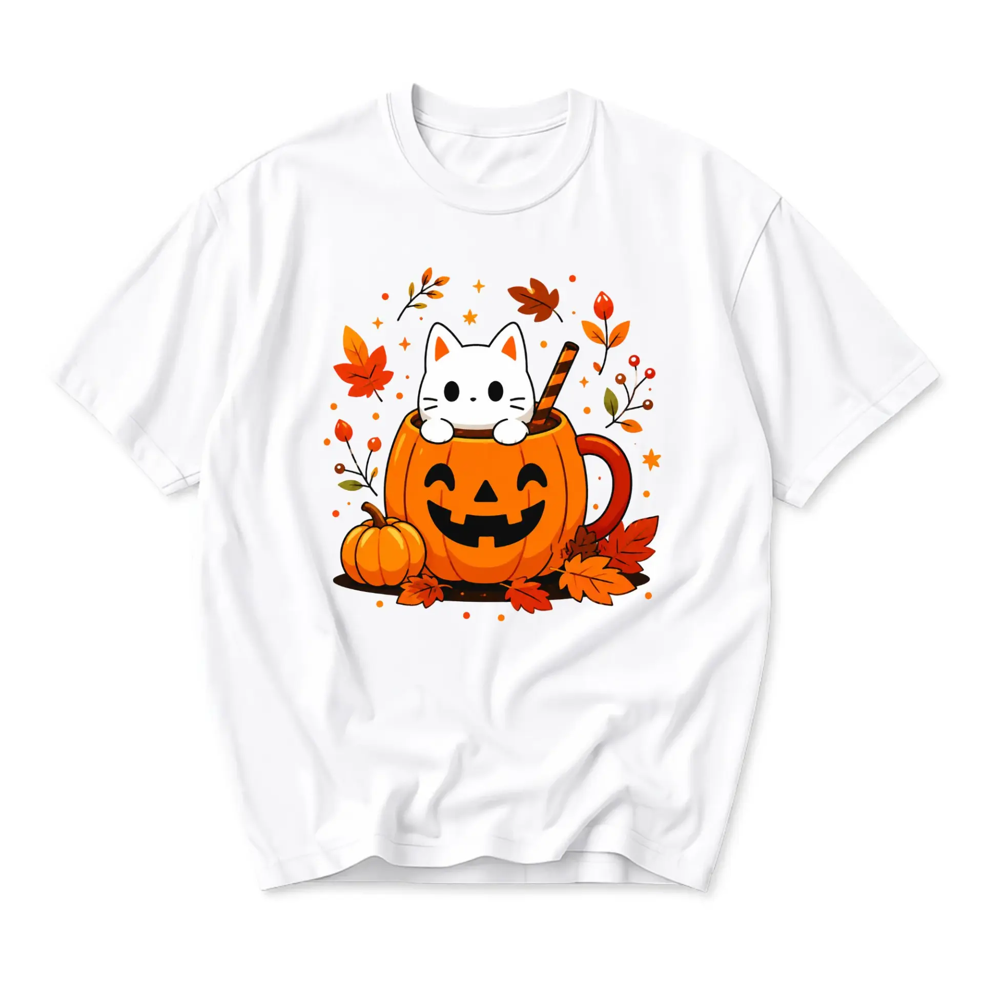 Graphic Tee Cute White Cat Sitting Inside a Jack O Lantern Pumpkin Cup Autumn Seasonal Unisex Cotton Crew Neck Shirt