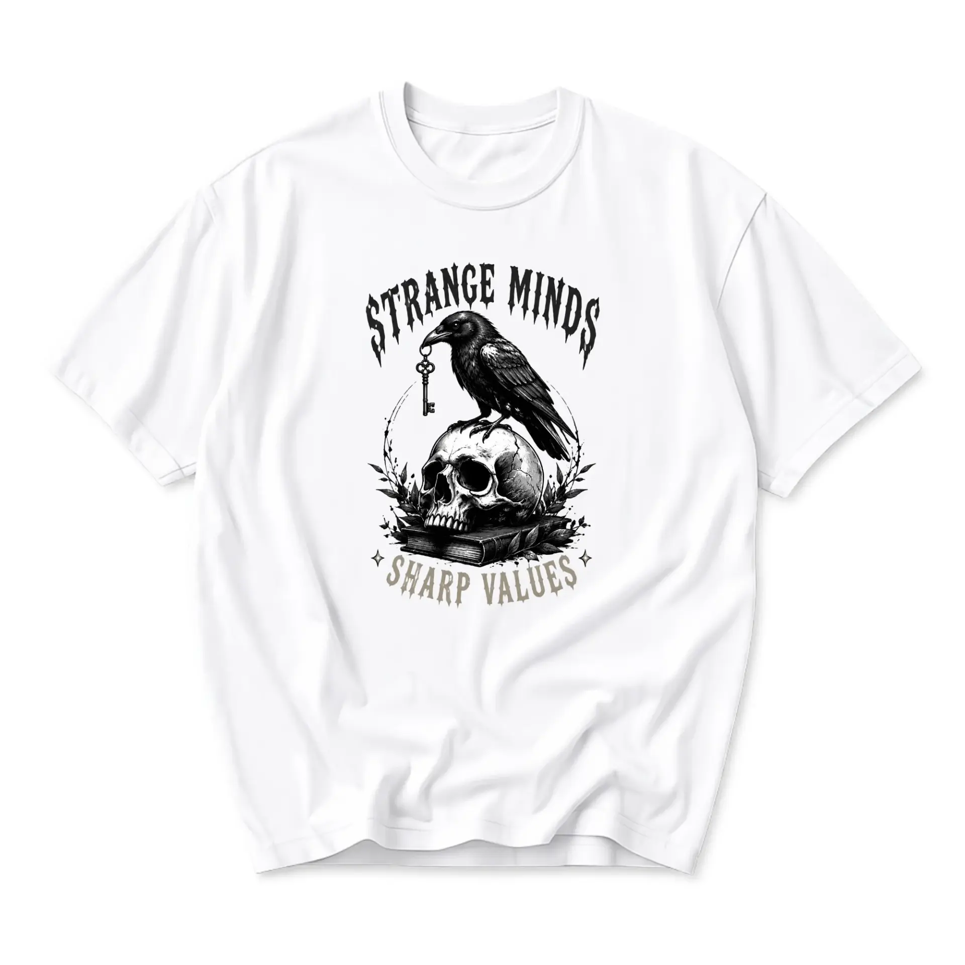 Graphic Tee Strange Minds Sharp Values Raven Skull Illustration Unisex Crew Neck Short Sleeve Casual Shirt