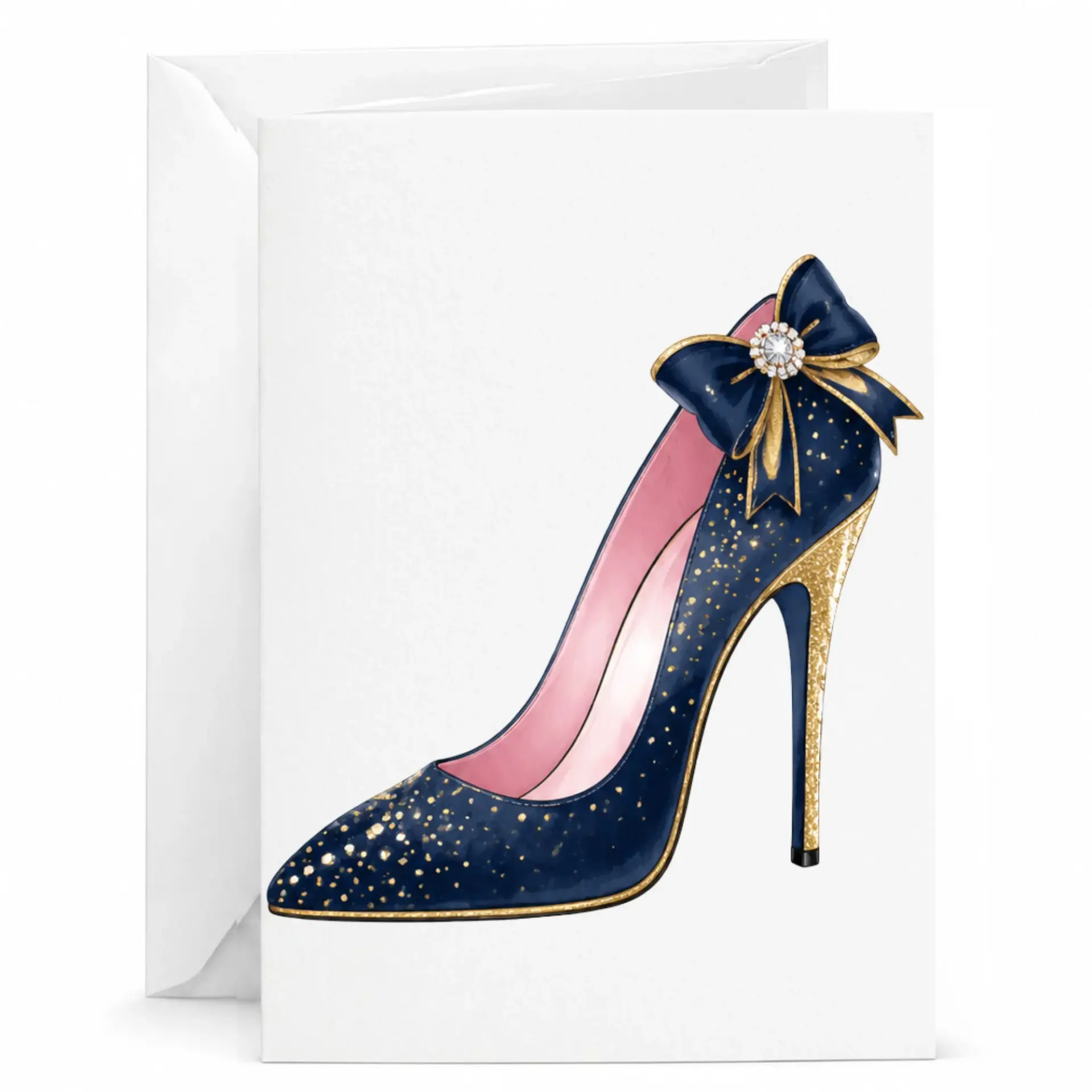Greeting Card Elegant Navy Blue Stiletto High Heel Shoe Illustration with Gold Accents and Decorative Bow for Any Occasion