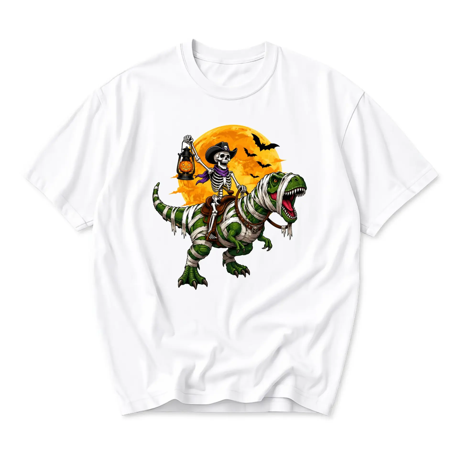 Graphic Tee Skeleton Cowboy Riding a Mummy Dinosaur Shirt Halloween Spooky Unisex Crew Neck Casual Cotton Top Apparel