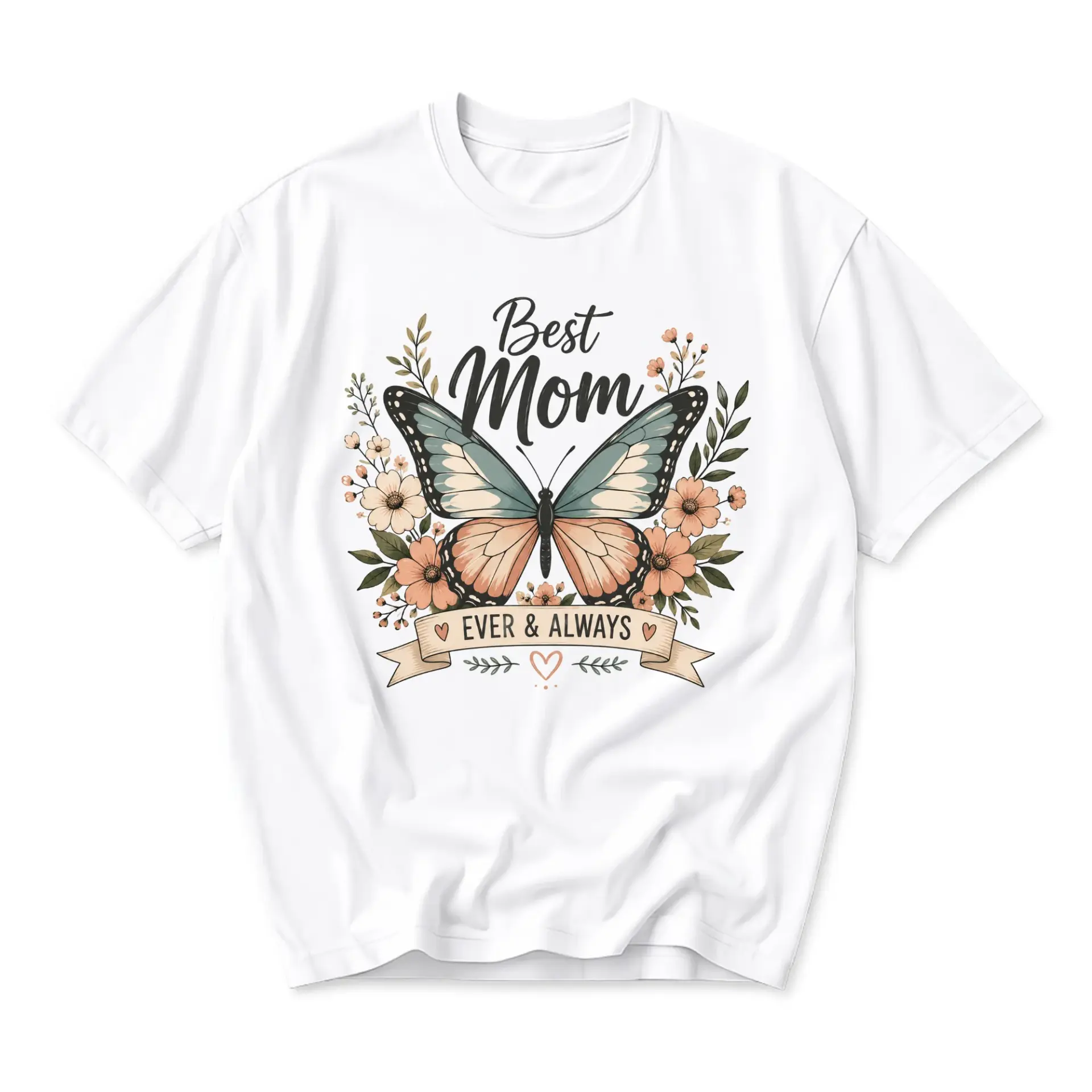 Graphic Tee Best Mom Ever and Always Butterfly Floral Print Unisex Crew Neck Casual Everyday Short Sleeve T-Shirt