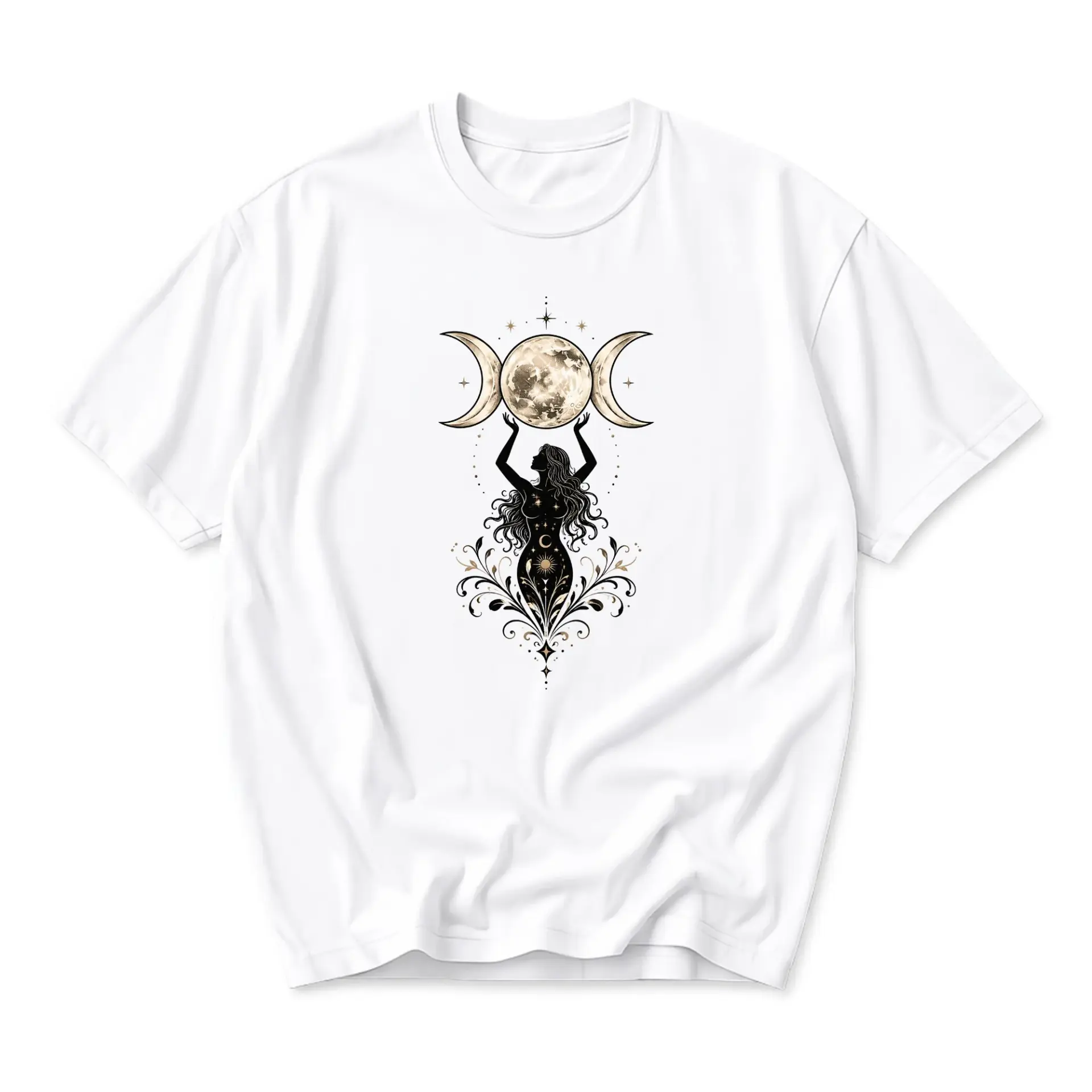 Graphic Tee Celestial Moon Goddess Print Unisex Casual Crew Neck T-Shirt Soft Cotton Blend Everyday Apparel White