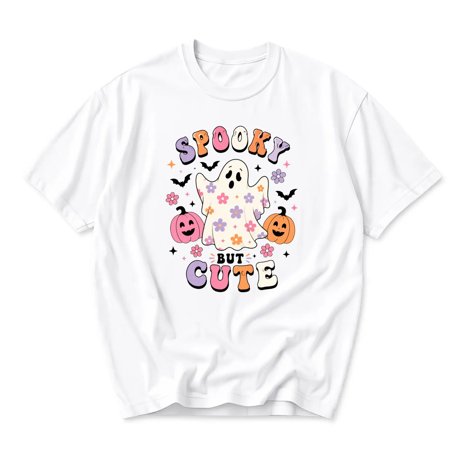 Funny Shirt Spooky but Cute Ghost Halloween Graphic Tee Unisex Crew Neck Short Sleeve Casual Cotton Blend Top White