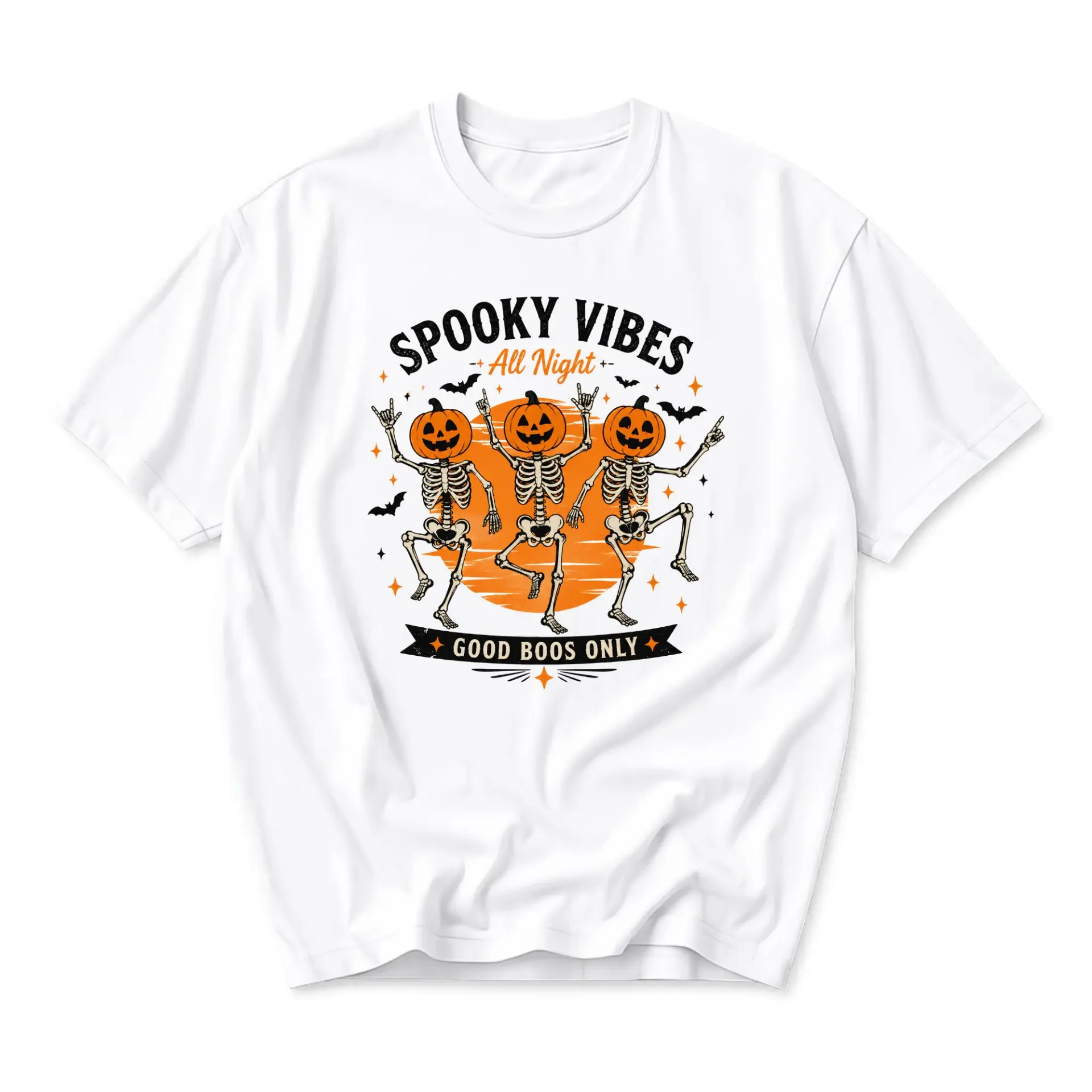 Graphic Tee Spooky Vibes Pumpkin Skeleton Print Unisex Crew Neck Shirt for Casual Everyday Wear and Seasonal Style