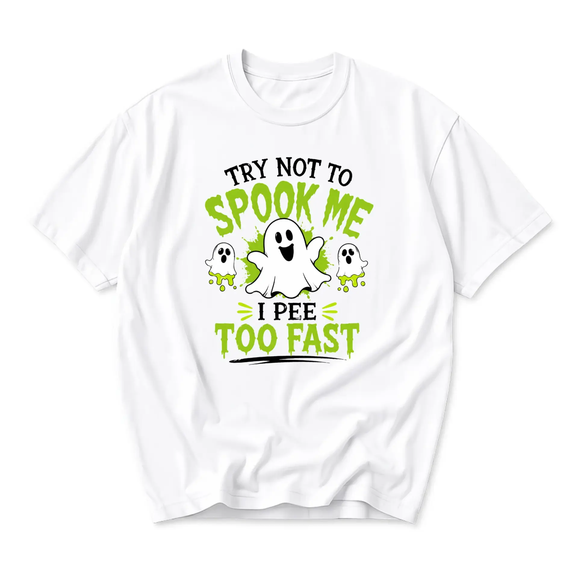 Funny Shirt Try Not to Spook Me I Pee Too Fast Graphic Tee Humorous Ghost Design Casual Unisex Crew Neck T-Shirt