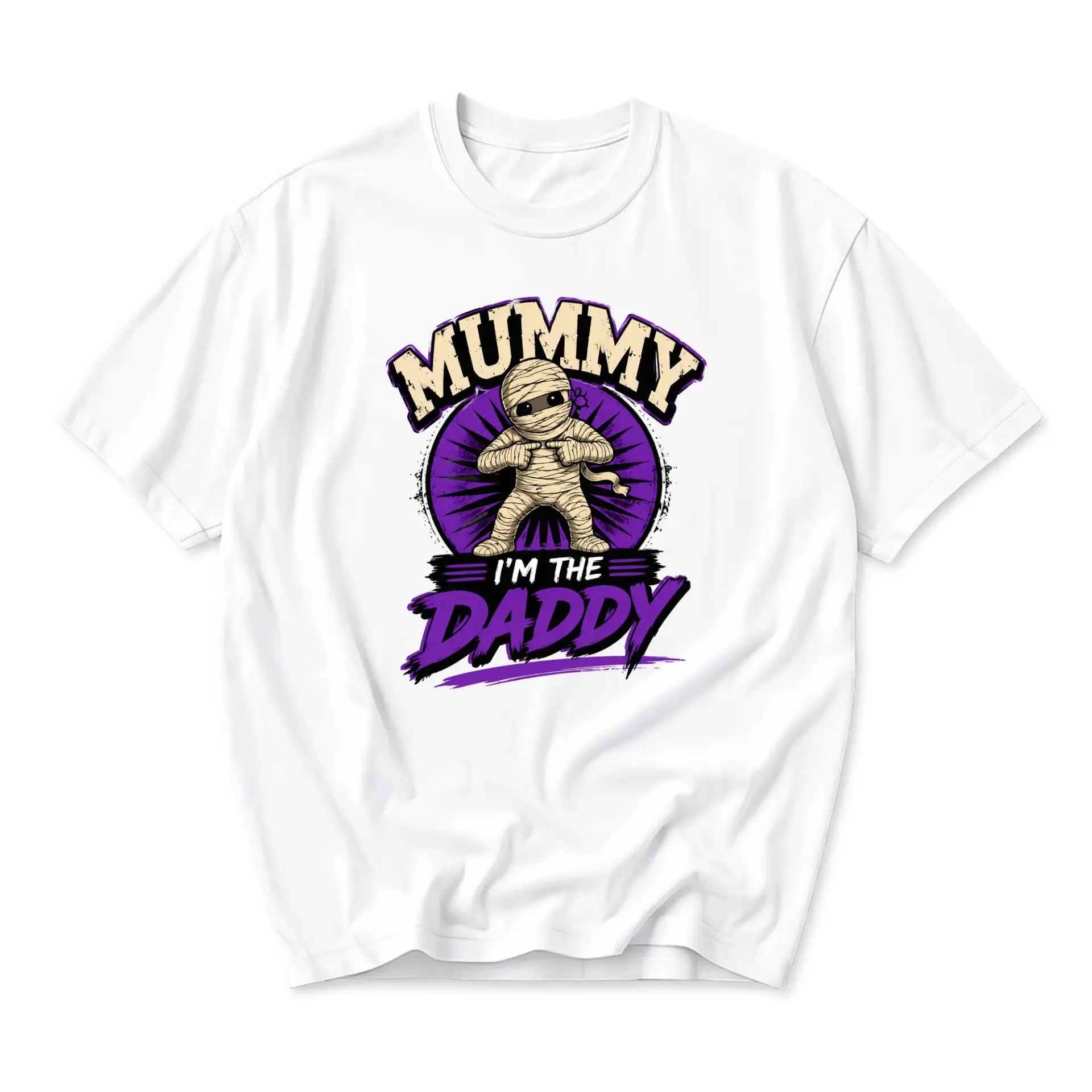 Funny Shirt Mummy I Am the Daddy Graphic Tee Unisex Casual Crew Neck Top for Halloween Seasonal Humor Lovers White