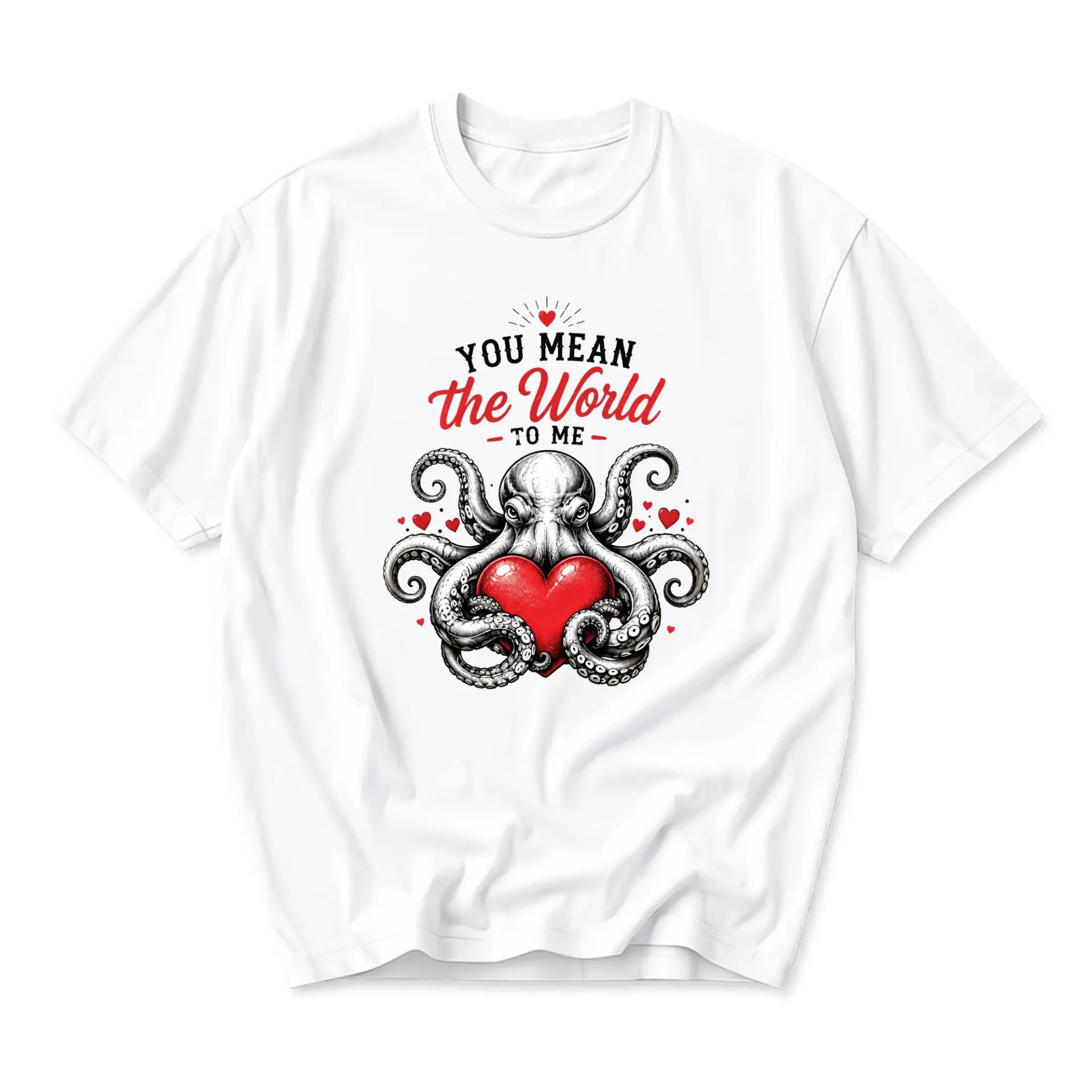 Graphic Tee You Mean the World to Me Octopus Holding Heart Design Casual Unisex Cotton Crew Neck Short Sleeve Shirt
