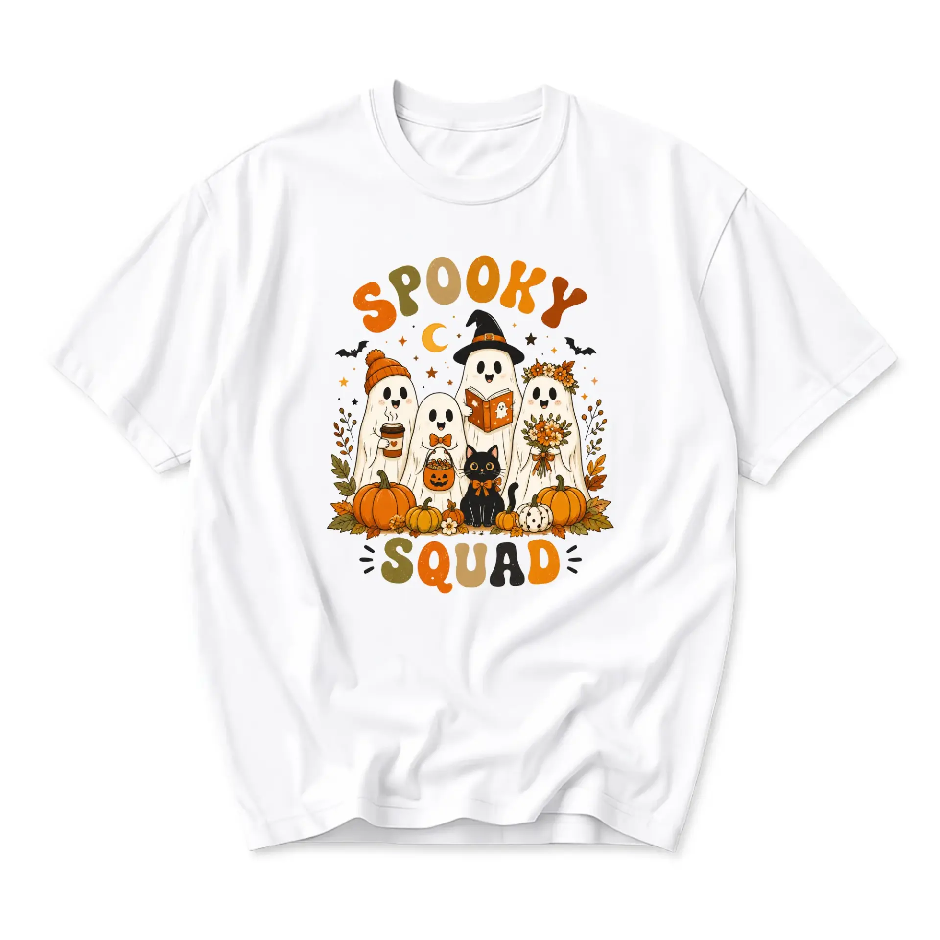 Funny Shirt Spooky Squad Halloween Graphic Tee Retro Style Autumn Ghost Pumpkin Print Unisex Casual Crew Neck Top