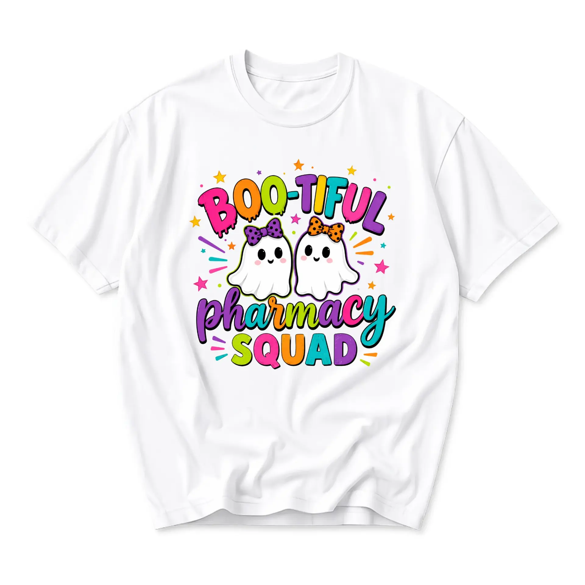 Funny Shirt Boo-Tiful Pharmacy Squad Ghost Graphic Tee Casual Unisex Crew Neck Top for Pharmacist Gift Apparel