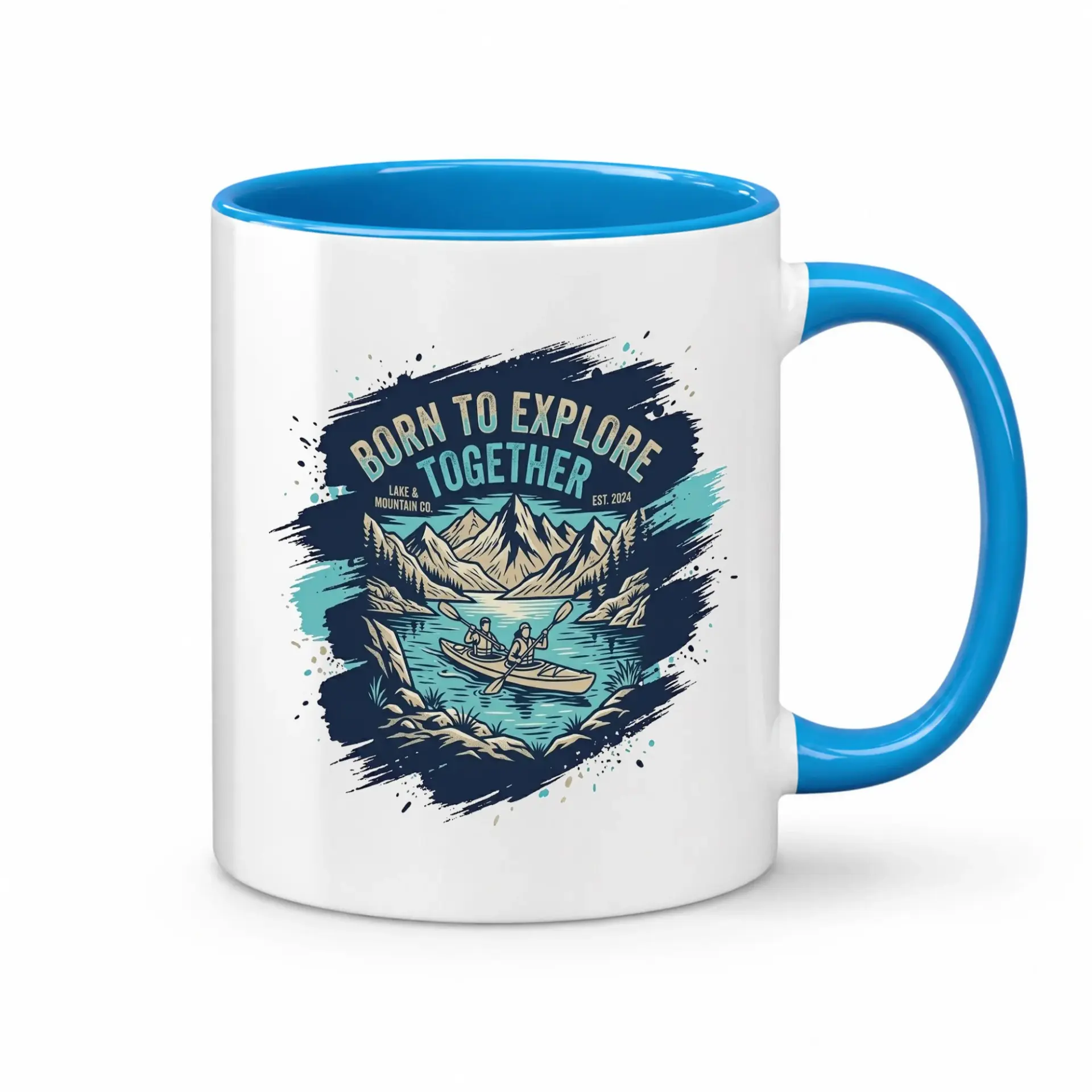 Adventurous Kayaking Themed Ceramic Coffee Mug Featuring Mountain Lake Scenery and Nature Inspired Graphic Design