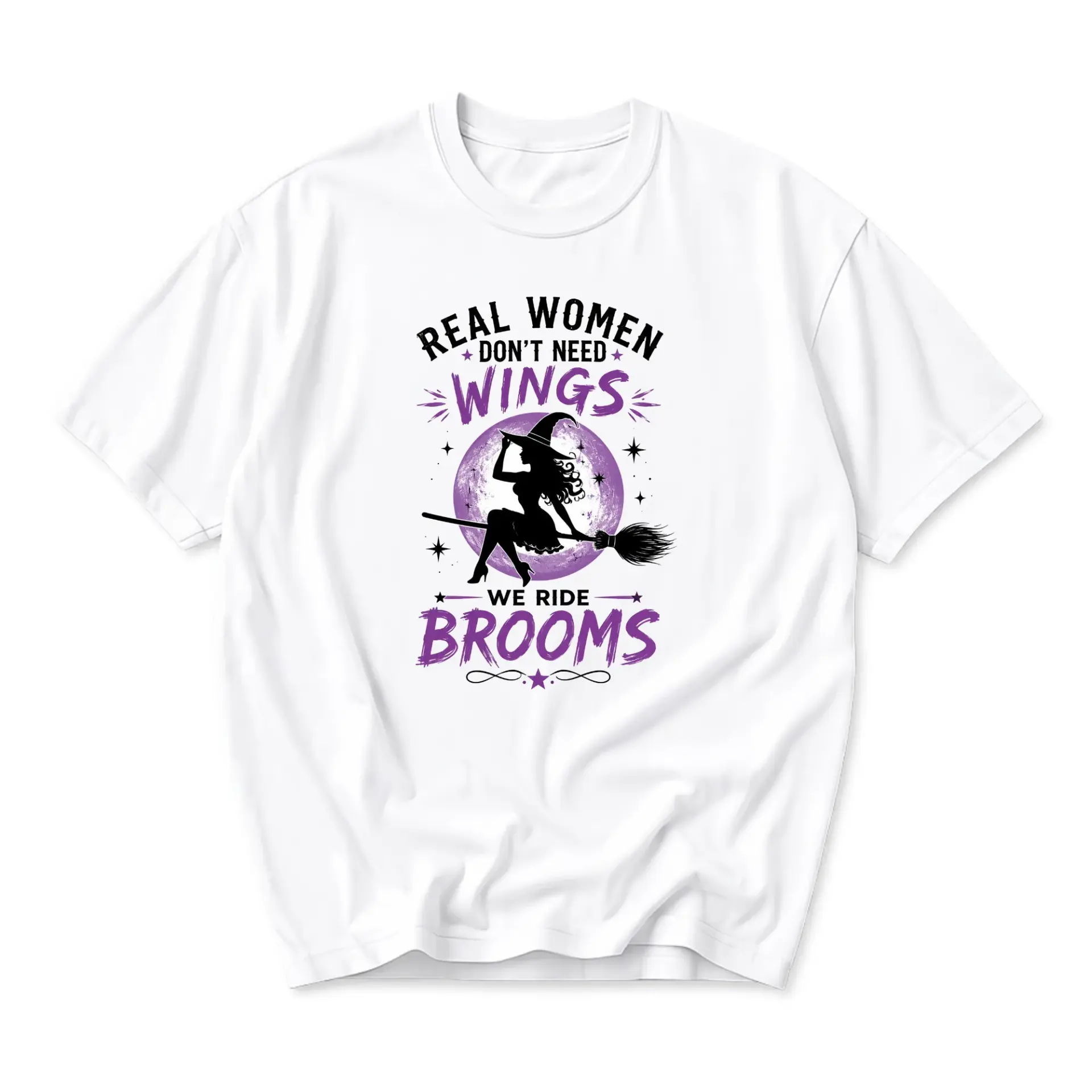 Funny Shirt Real Women Dont Need Wings We Ride Brooms Witch Graphic Tee Casual Cotton Unisex Crew Neck Holiday Top