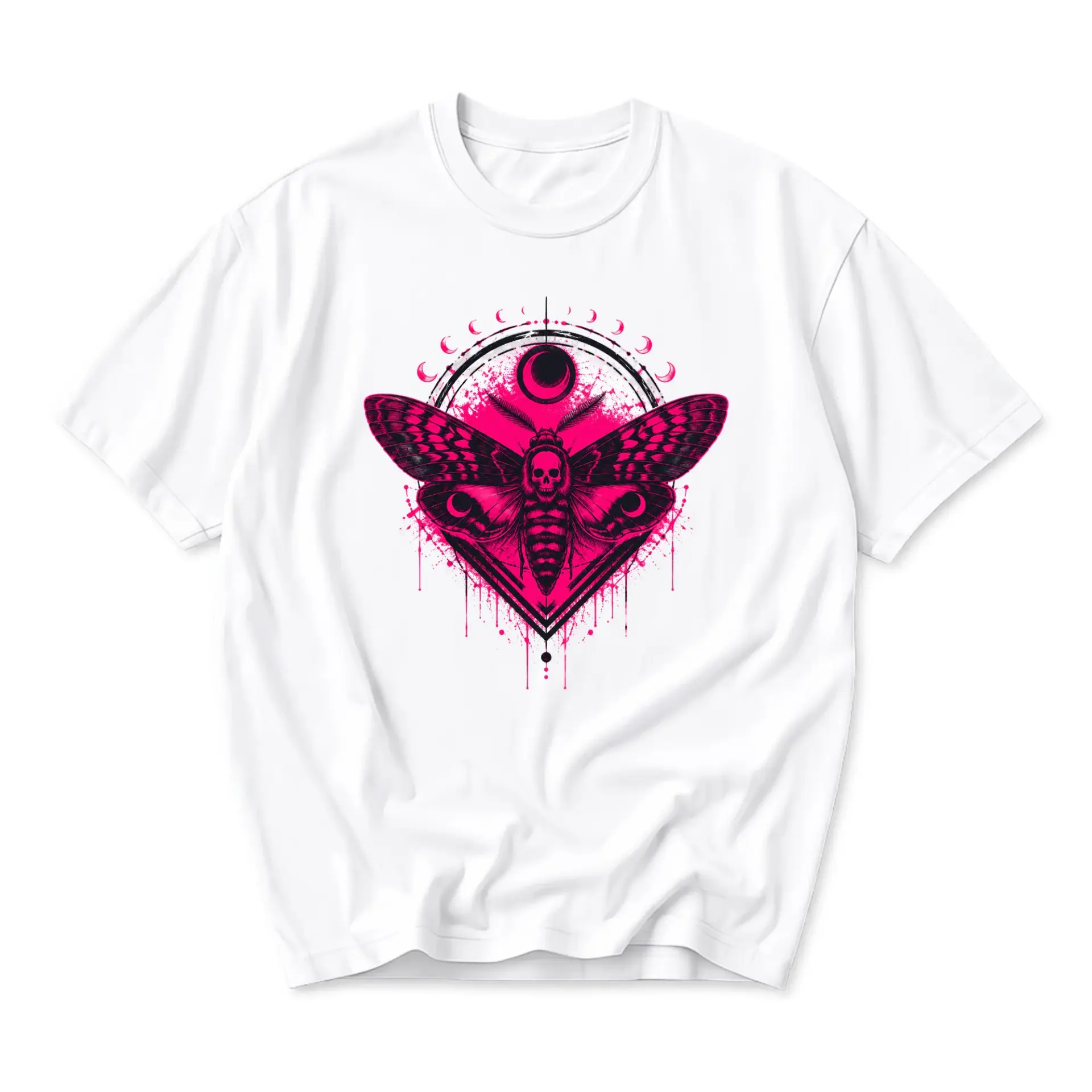 Graphic Tee Unisex Crew Neck T-Shirt Featuring Pink Moth and Skull Occult Art Design for Casual Everyday Style