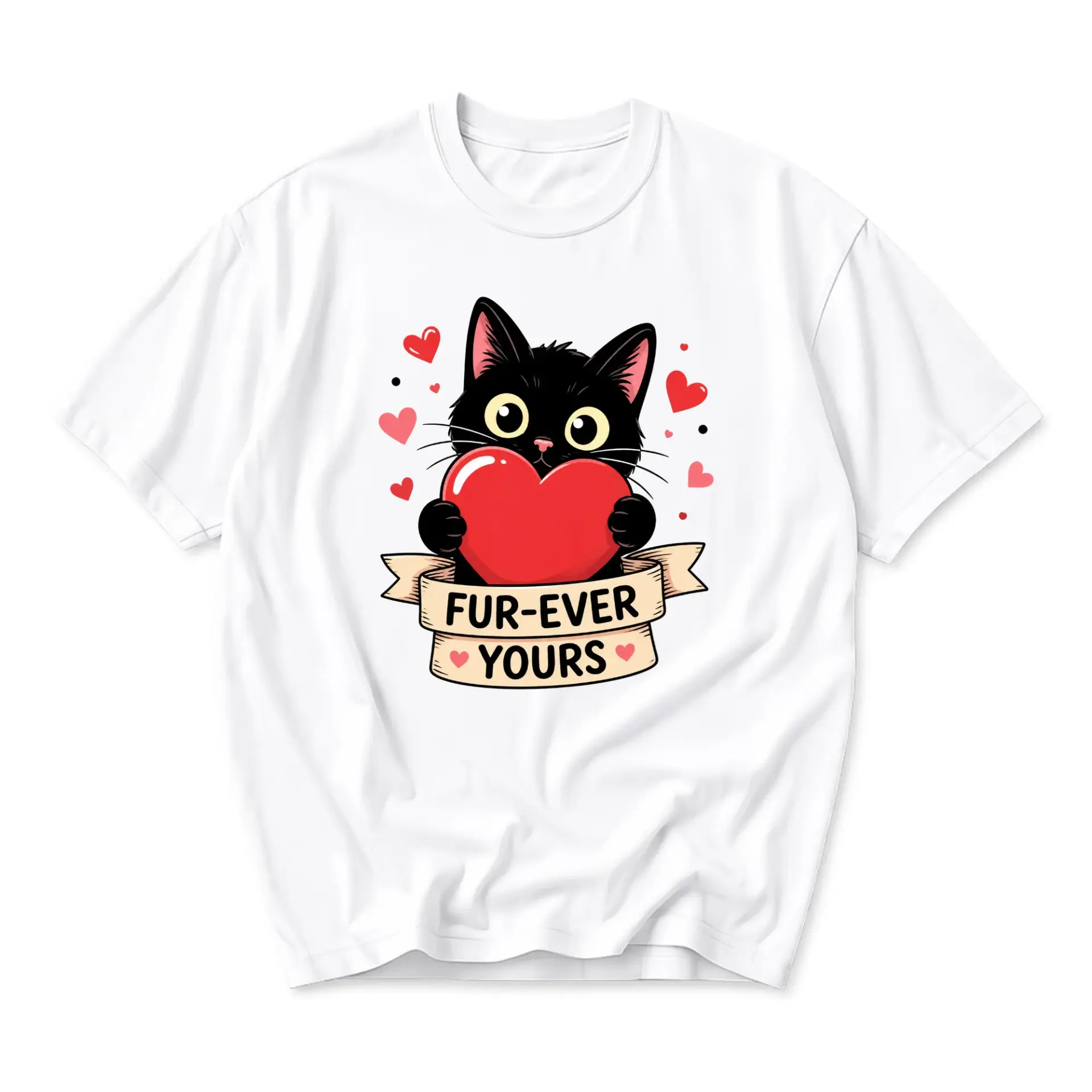 Graphic Tee Black Cat Fur-Ever Yours Heart Design Unisex Crew Neck Short Sleeve Casual Cotton Blend Shirt Top
