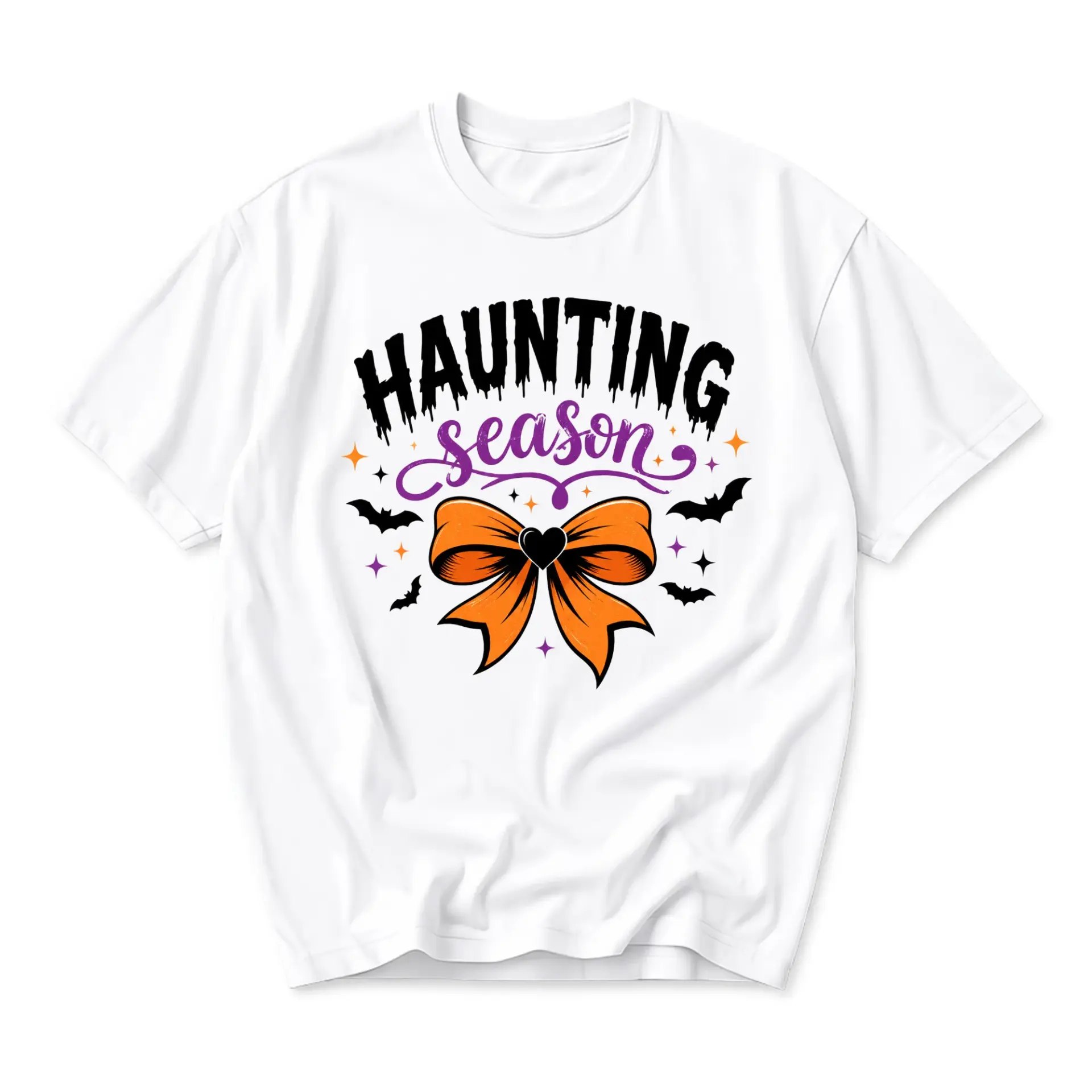 Graphic Tee Haunting Season Spooky Aesthetic Fall Holiday Shirt Trendy Orange Bow Halloween Casual Cotton Apparel