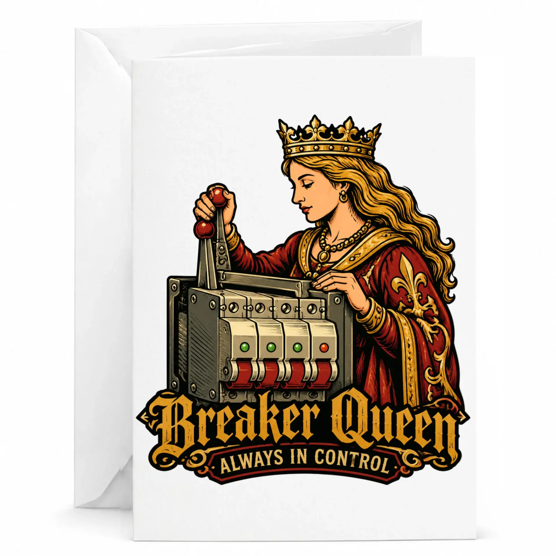 Funny Breaker Queen Greeting Card Featuring a Figure Operating Switches for Encouragement or Birthday