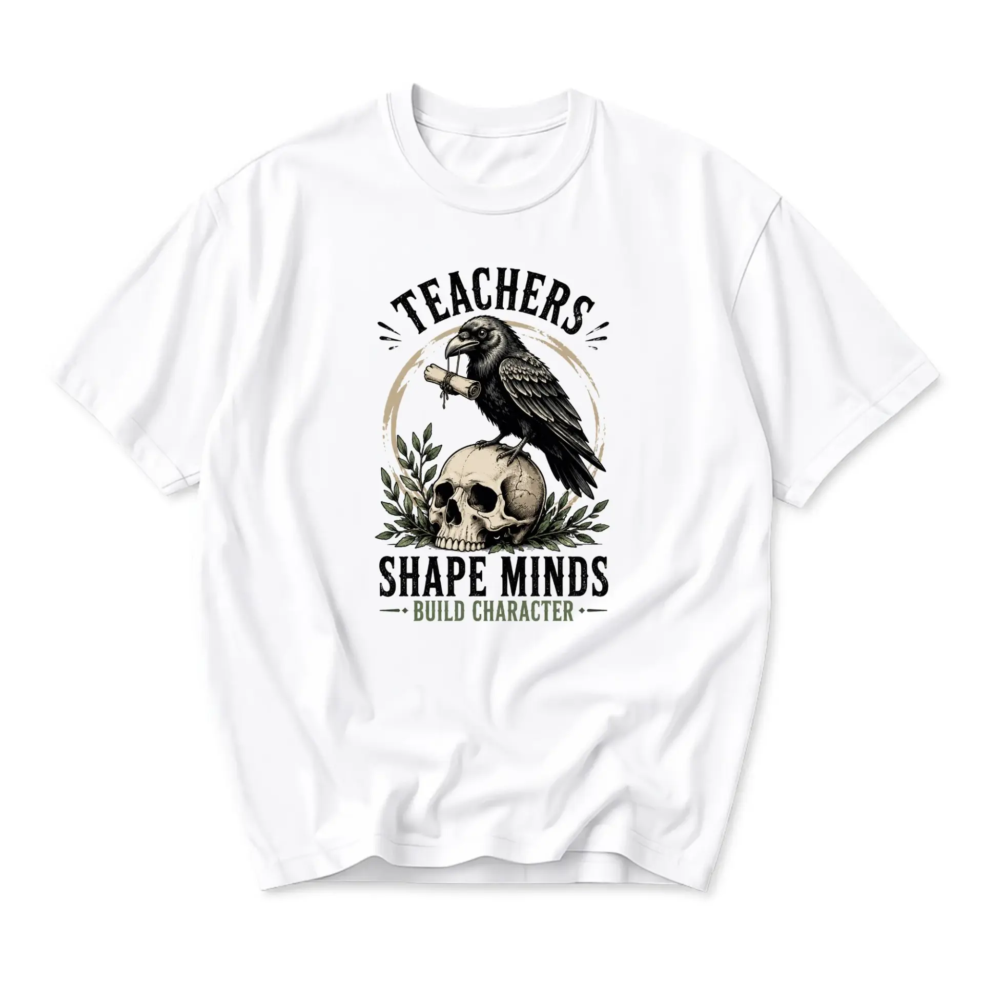 Graphic Tee Teachers Shape Minds Build Character Raven Skull Illustration Unisex Crew Neck Casual Cotton Shirt