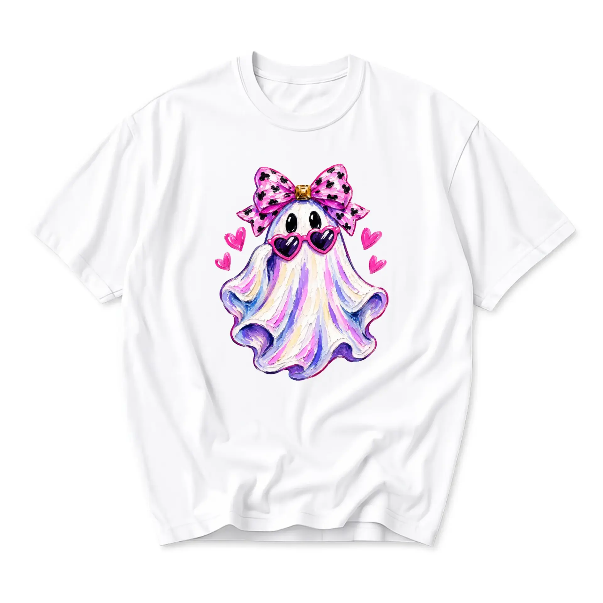Graphic Tee Unisex Crew Neck T-Shirt Featuring Colorful Cute Ghost Illustration with Heart Sunglasses and Bow