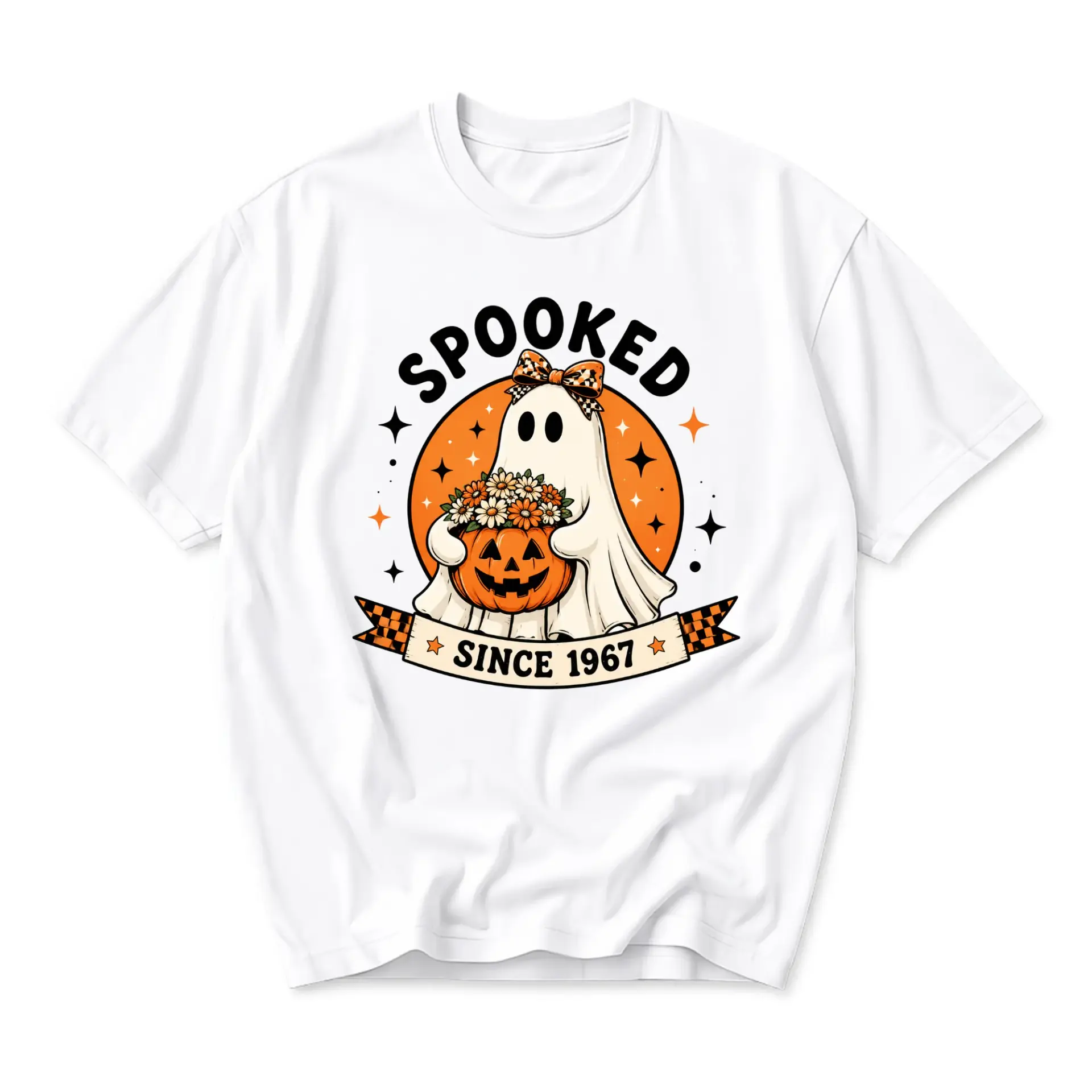 Funny Shirt Spooked Since 1967 Graphic Tee Retro Halloween Ghost Pumpkin Unisex Crew Neck Casual Everyday Wear